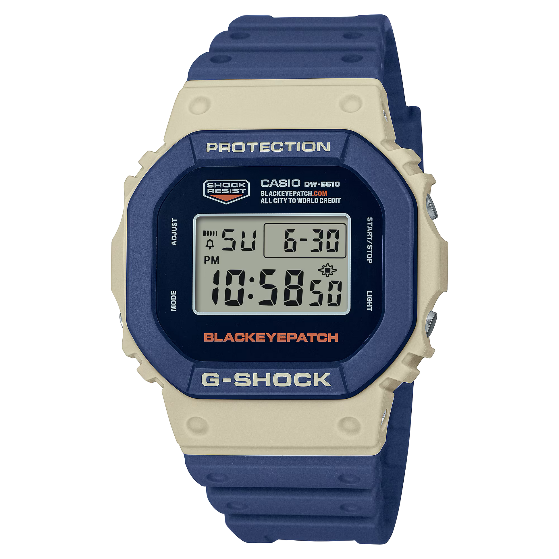 Casio G-Shock DW5610BEP-2, a collaboration with Tokyo streetwear brand BlackEyePatch. Features industrial navy and beige design with orange accents, shock-resistant build, 200m water resistance, bio-based resin band, and LED backlight with “Genuine Article” logo.