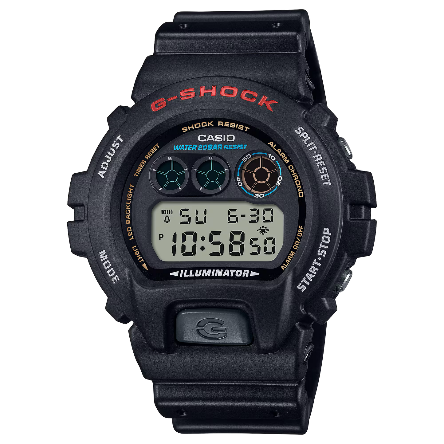 Casio G-SHOCK DW6900-1V – classic black resin digital watch with iconic round display, shock-resistant build, 200m water resistance, EL blue-green backlight, stopwatch, countdown timer, and multifunction alarm.