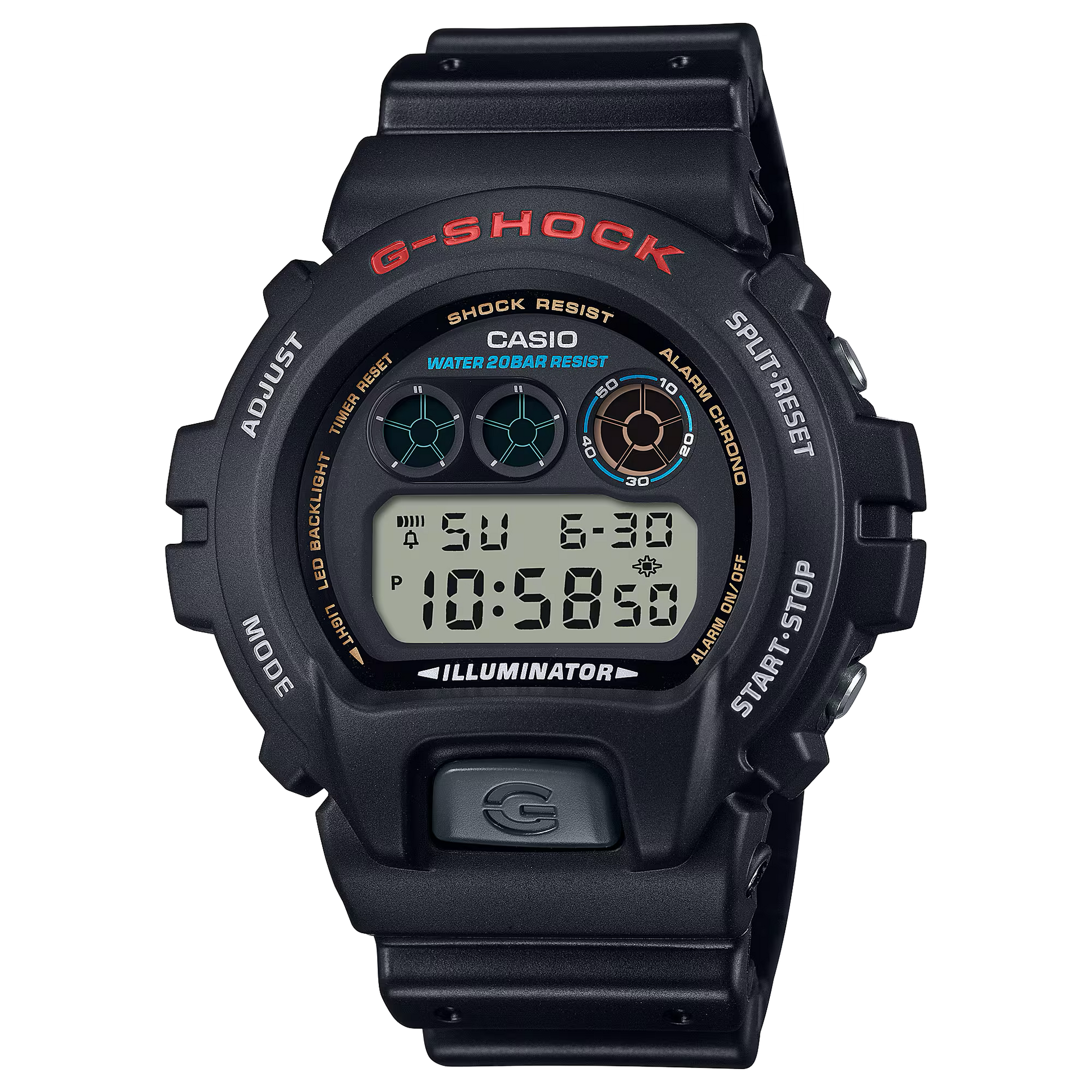 Casio G-SHOCK DW6900-1V – classic black resin digital watch with iconic round display, shock-resistant build, 200m water resistance, EL blue-green backlight, stopwatch, countdown timer, and multifunction alarm.
