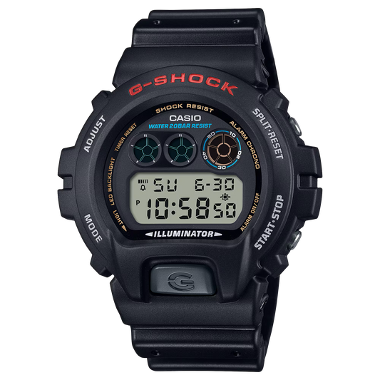 Casio G-SHOCK DW6900-1V – classic black resin digital watch with iconic round display, shock-resistant build, 200m water resistance, EL blue-green backlight, stopwatch, countdown timer, and multifunction alarm.