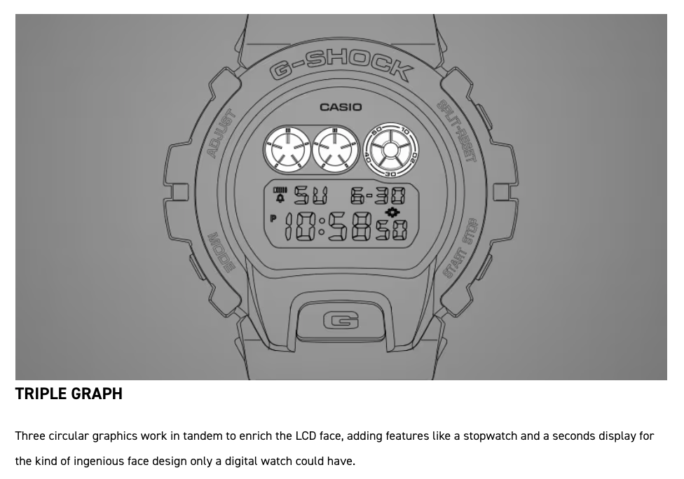 G-Shock Casio digital watch with triple graph feature on a gray background