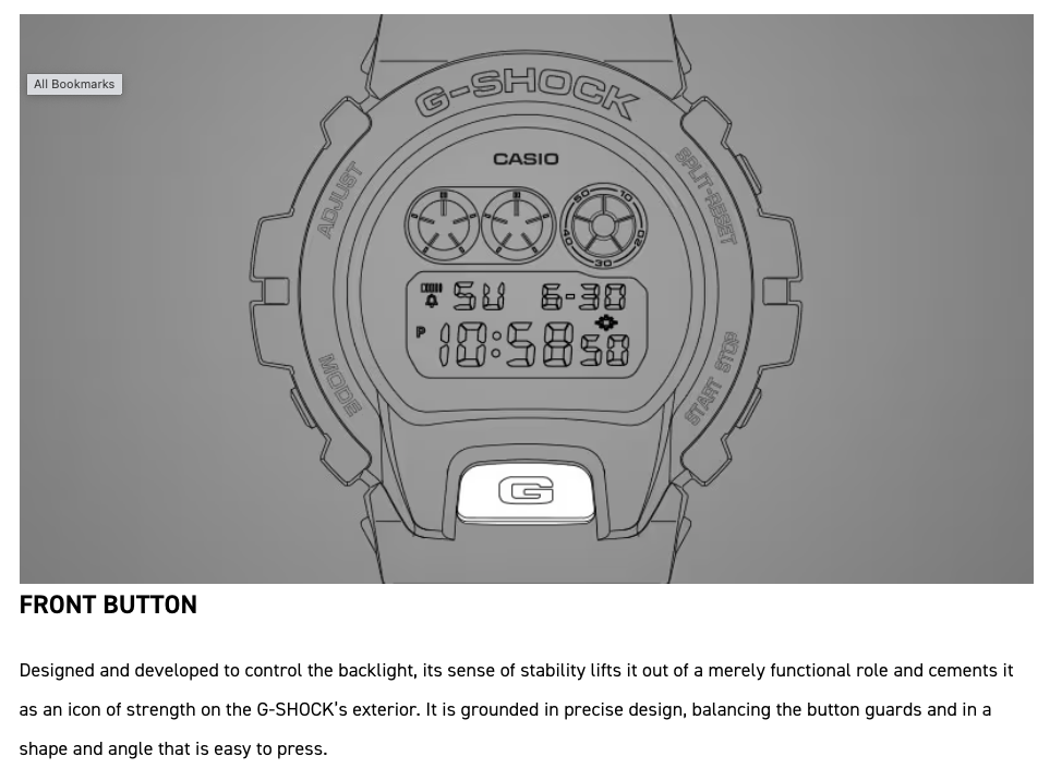 Gray line drawing of a Casio G-Shock watch with text on a gray background