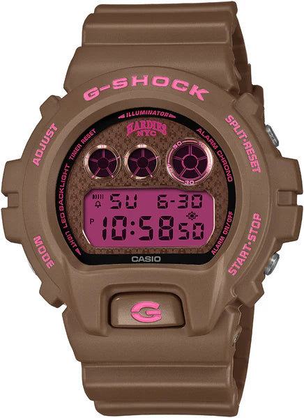 Casio G-SHOCK × Hardies Hardware NYC DW6900HH-5 limited edition digital watch with iconic 6900 round case, rugged resin construction, street-inspired skate aesthetic, shock resistance, and 200-meter water resistance.