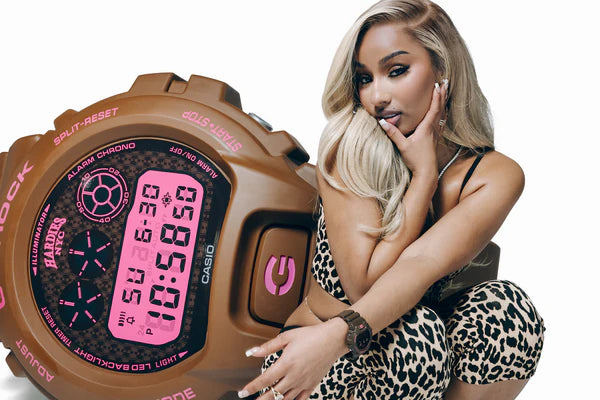 Casio digital watch with a model wearing a leopard print outfit on a white background