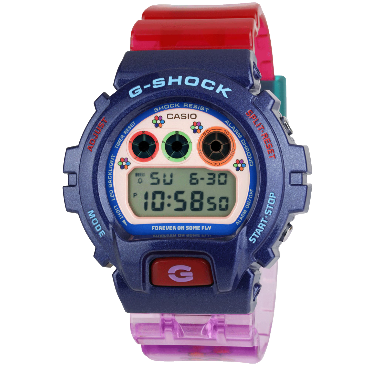 G-SHOCK DW6900JT25-2 Jae Tips collaboration watch featuring a red-to-blue gradient resin case, classic 6900 triple-graph display, shock-resistant structure, 200-meter water resistance, LED Super Illuminator, resin band, and bold streetwear-inspired design.