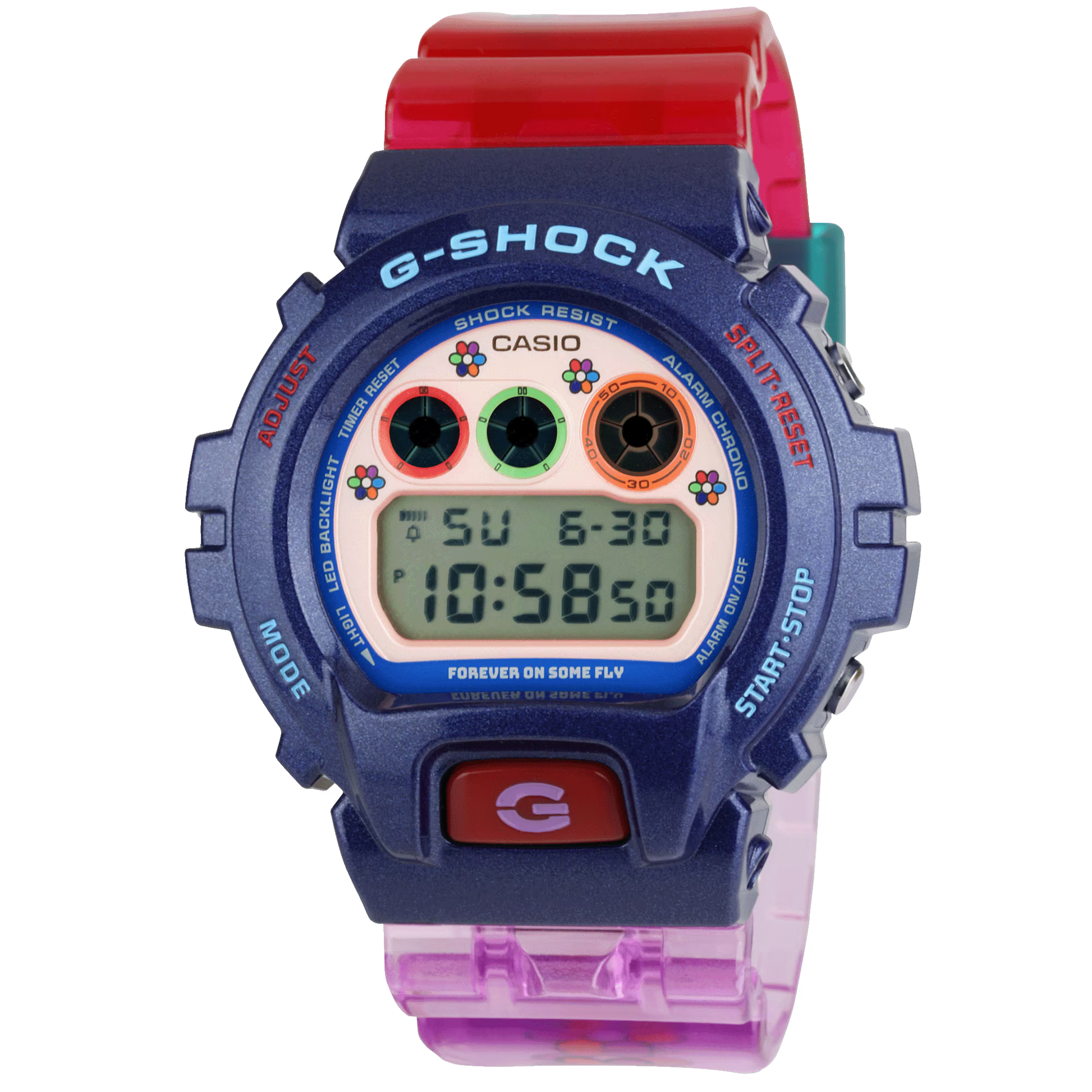 G-SHOCK DW6900JT25-2 Jae Tips collaboration watch featuring a red-to-blue gradient resin case, classic 6900 triple-graph display, shock-resistant structure, 200-meter water resistance, LED Super Illuminator, resin band, and bold streetwear-inspired design.