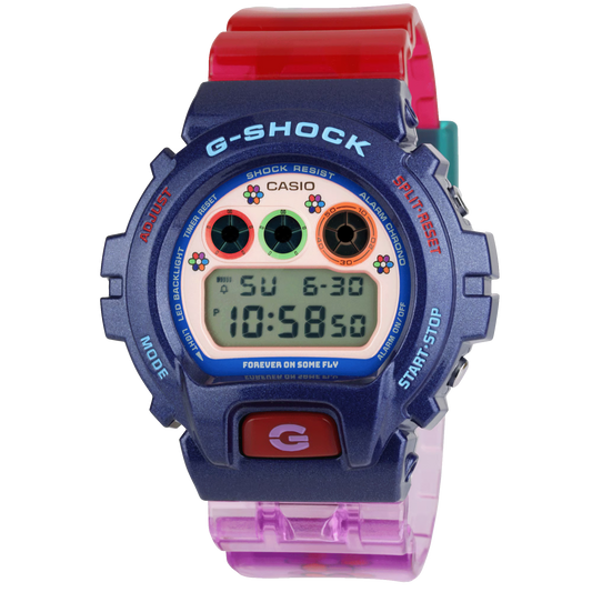 G-SHOCK DW6900JT25-2 Jae Tips collaboration watch featuring a red-to-blue gradient resin case, classic 6900 triple-graph display, shock-resistant structure, 200-meter water resistance, LED Super Illuminator, resin band, and bold streetwear-inspired design.