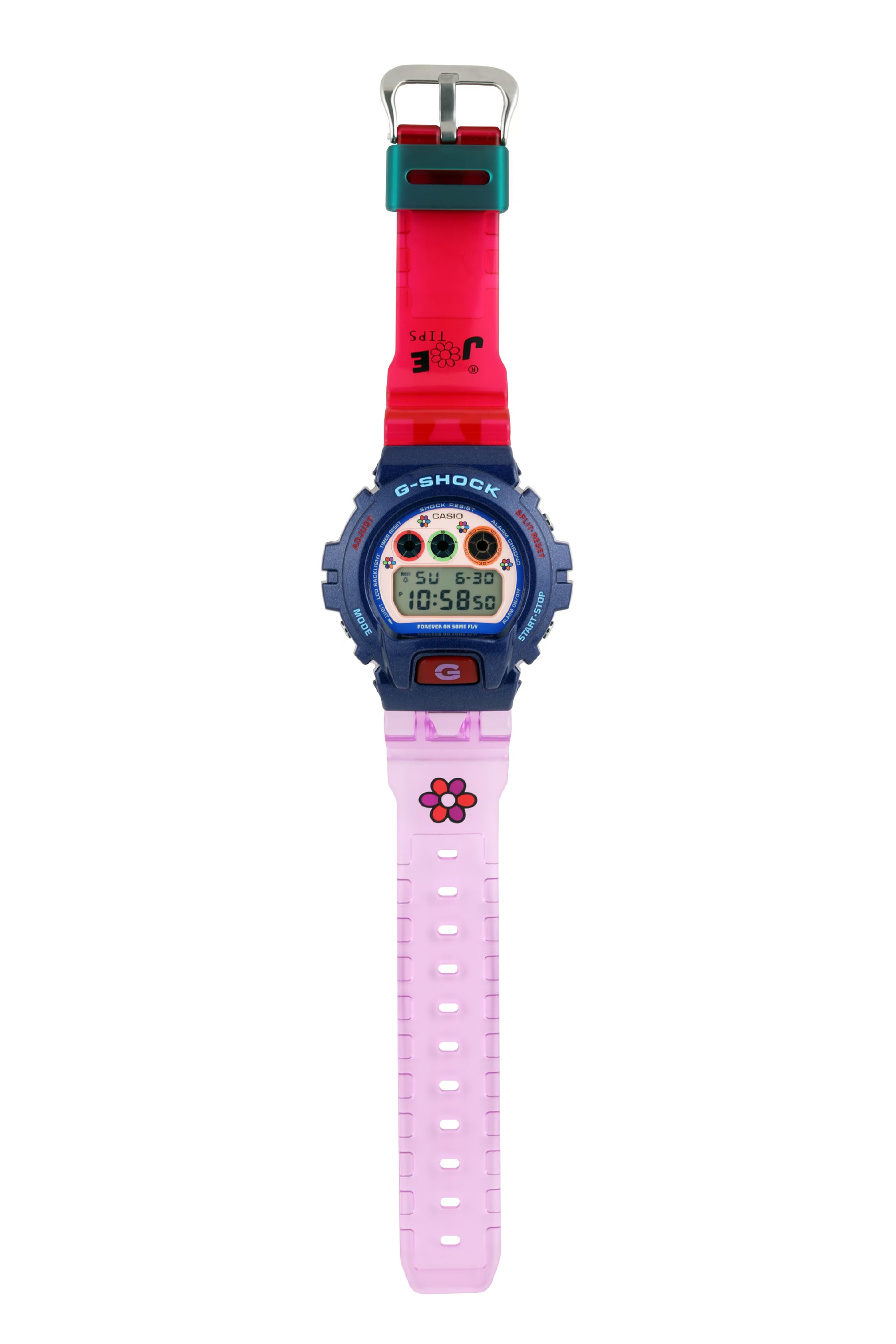 G-Shock digital watch with a red and pink strap on a white background