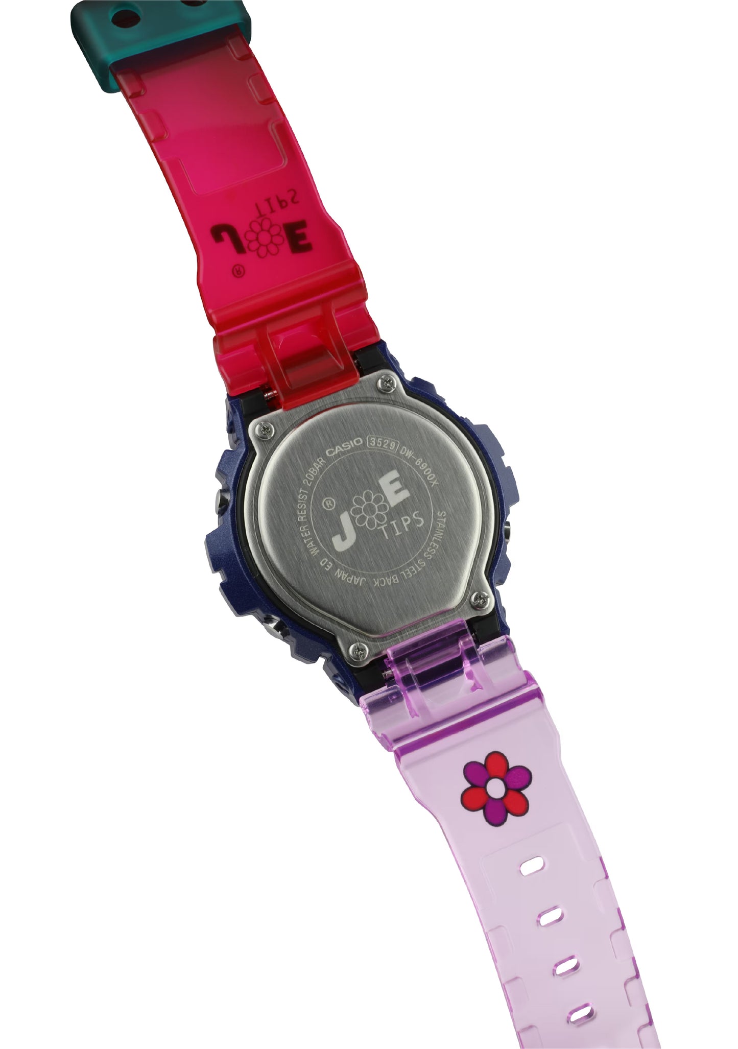 Colorful children's watch with a pink strap and floral design on a white background
