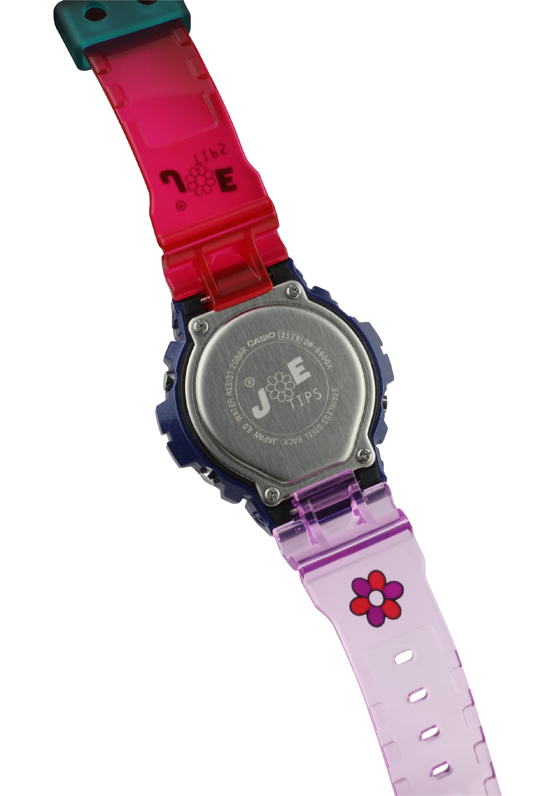Colorful children's watch with a pink strap and floral design on a white background