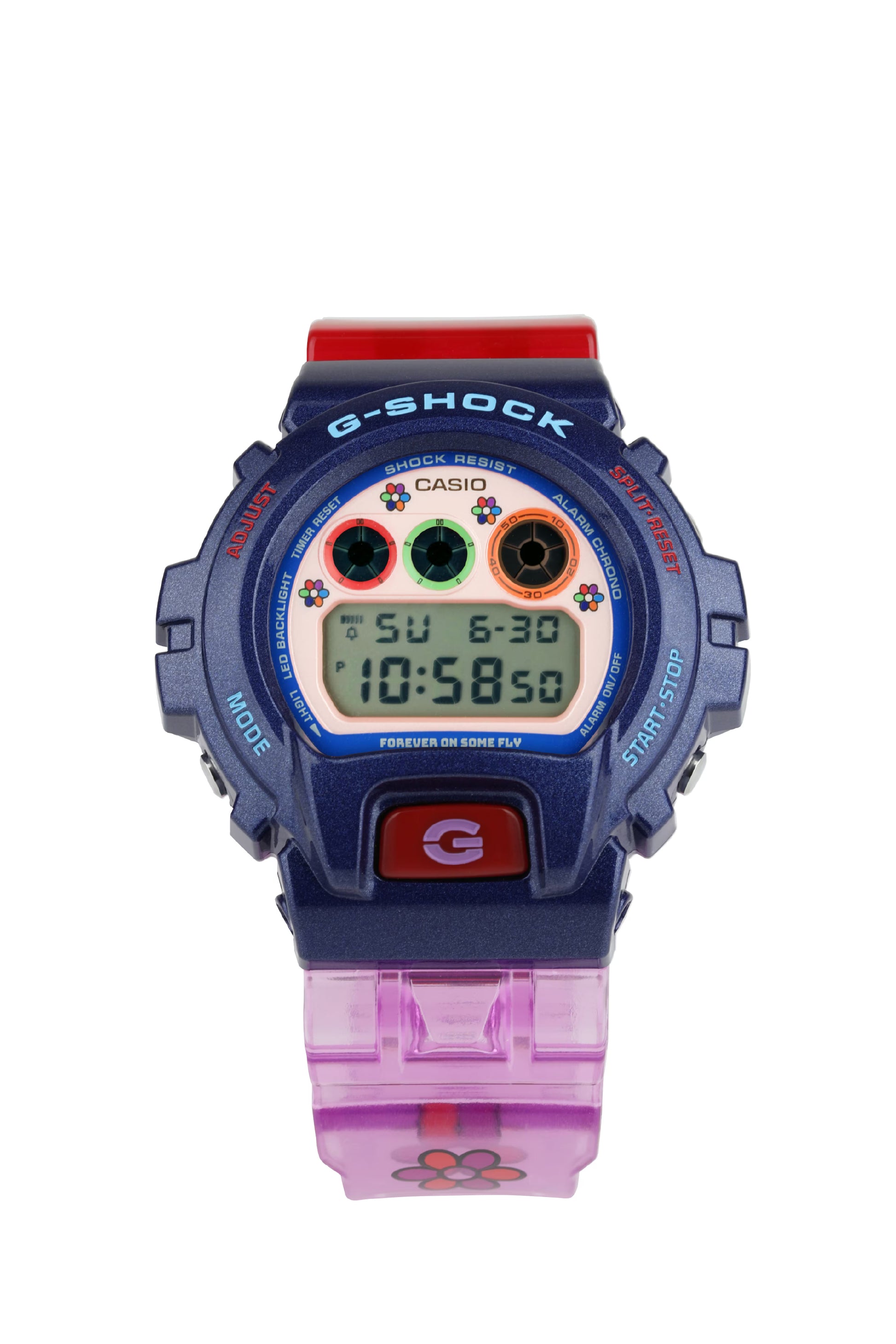 Casio G-Shock watch with a colorful design on a white background