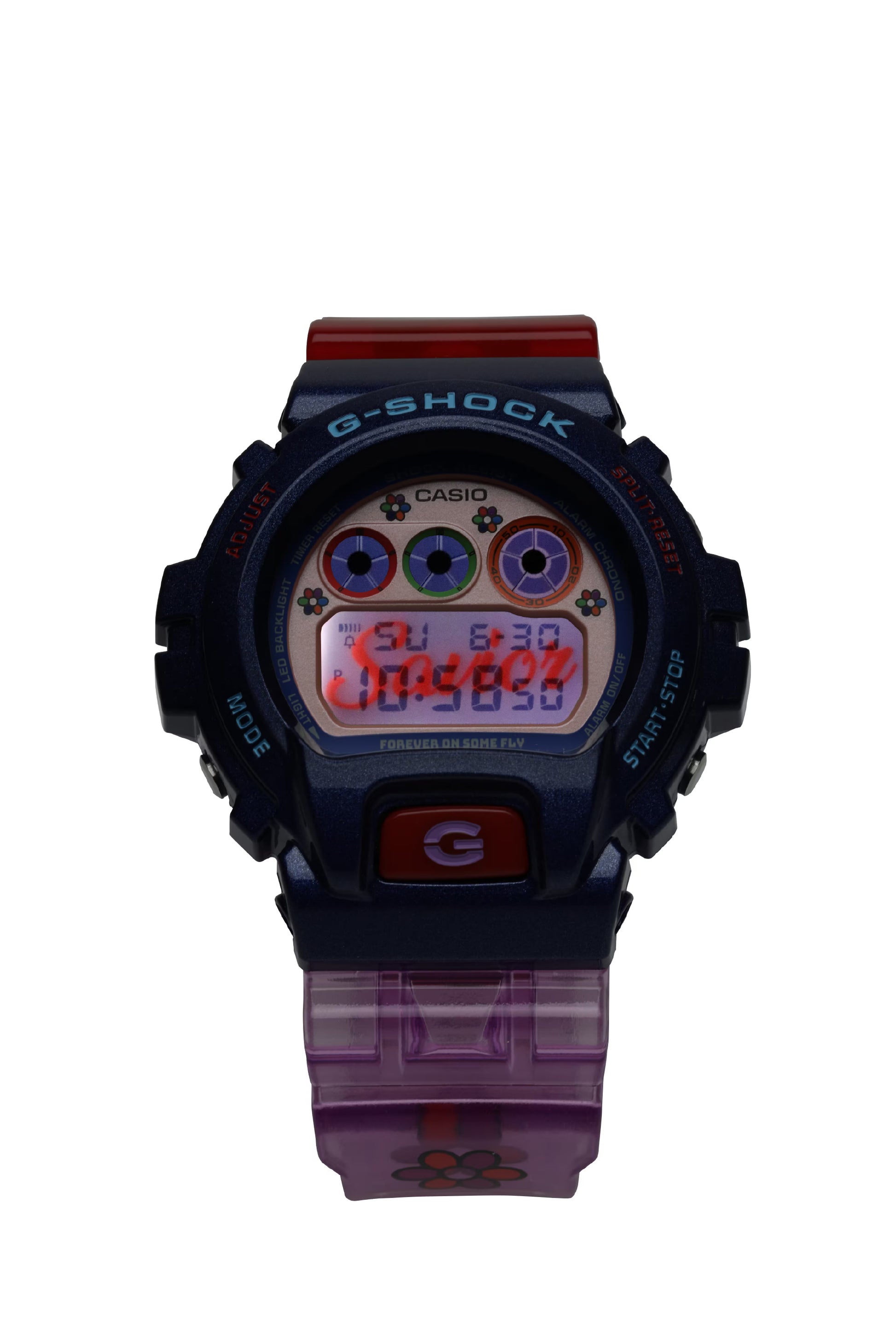 G-Shock digital watch with a purple strap on a white background