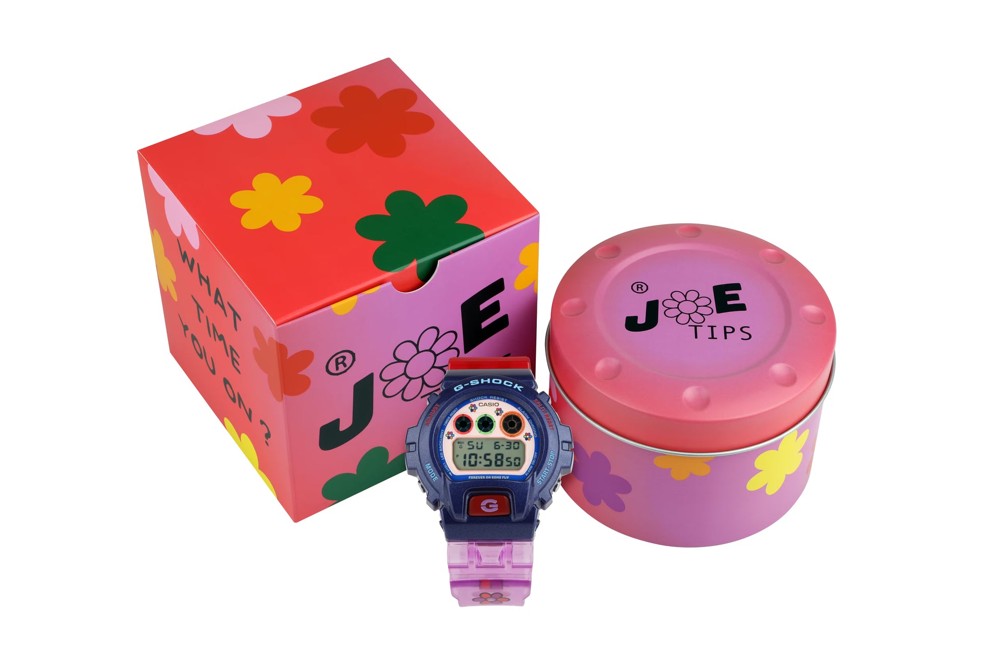 Children's watch and container with colorful packaging on a white background