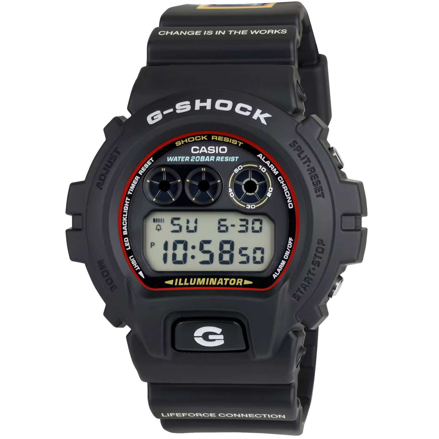 G-SHOCK DW6900RL-1AC Almeda collaboration watch featuring coastal-inspired detailing, black resin case, bio-based resin band, shock-resistant build, 200-meter water resistance, triple-graph display, LED Super Illuminator, stopwatch, countdown timer, flash alert, and durable 6900-series construction.