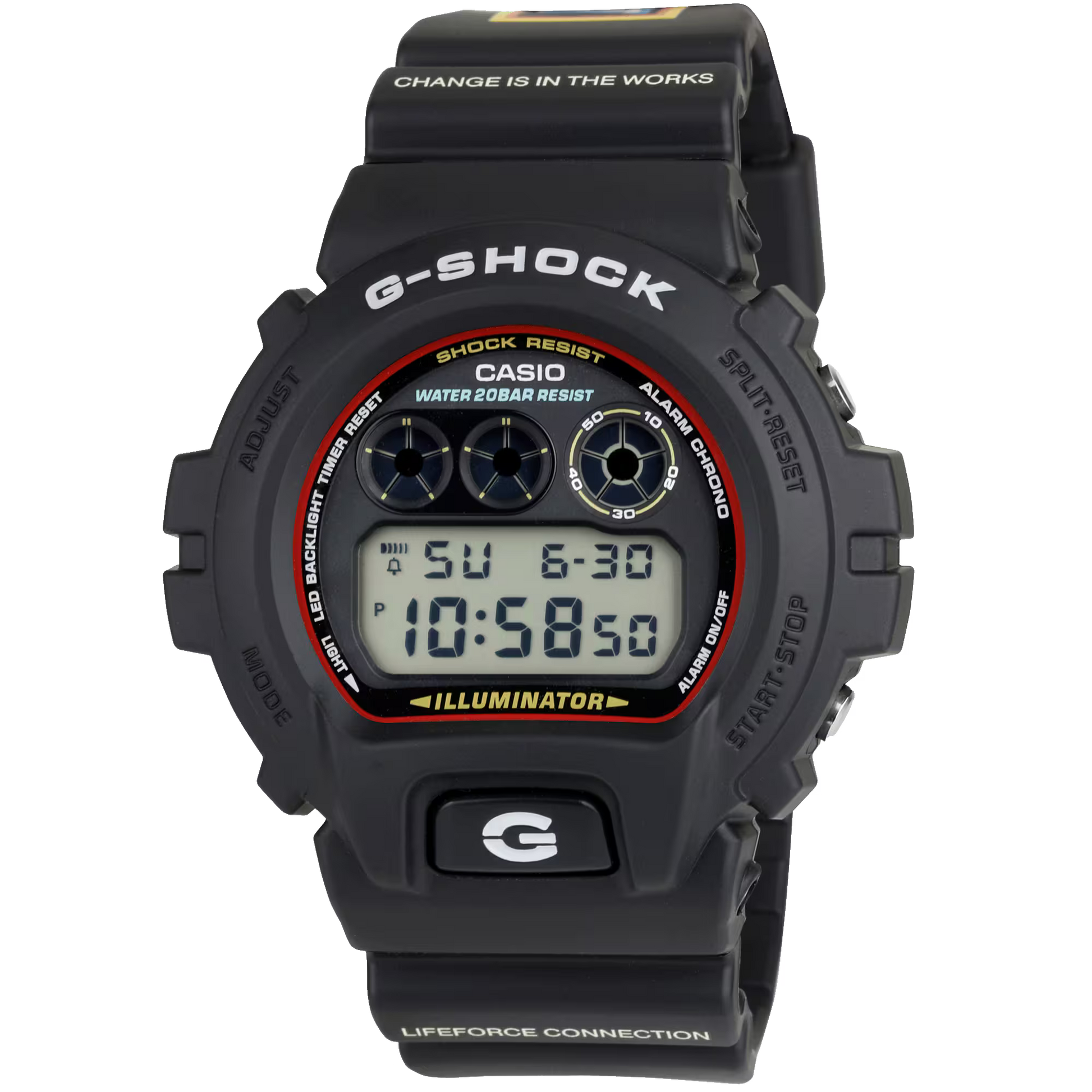 G-SHOCK DW6900RL-1AC Almeda collaboration watch featuring coastal-inspired detailing, black resin case, bio-based resin band, shock-resistant build, 200-meter water resistance, triple-graph display, LED Super Illuminator, stopwatch, countdown timer, flash alert, and durable 6900-series construction.