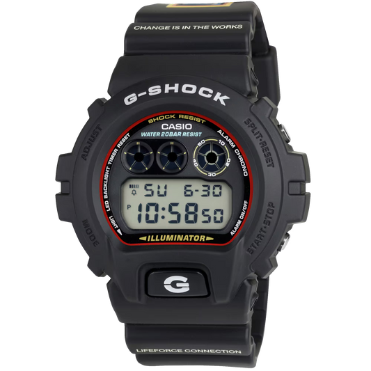 G-SHOCK DW6900RL-1AC Almeda collaboration watch featuring coastal-inspired detailing, black resin case, bio-based resin band, shock-resistant build, 200-meter water resistance, triple-graph display, LED Super Illuminator, stopwatch, countdown timer, flash alert, and durable 6900-series construction.