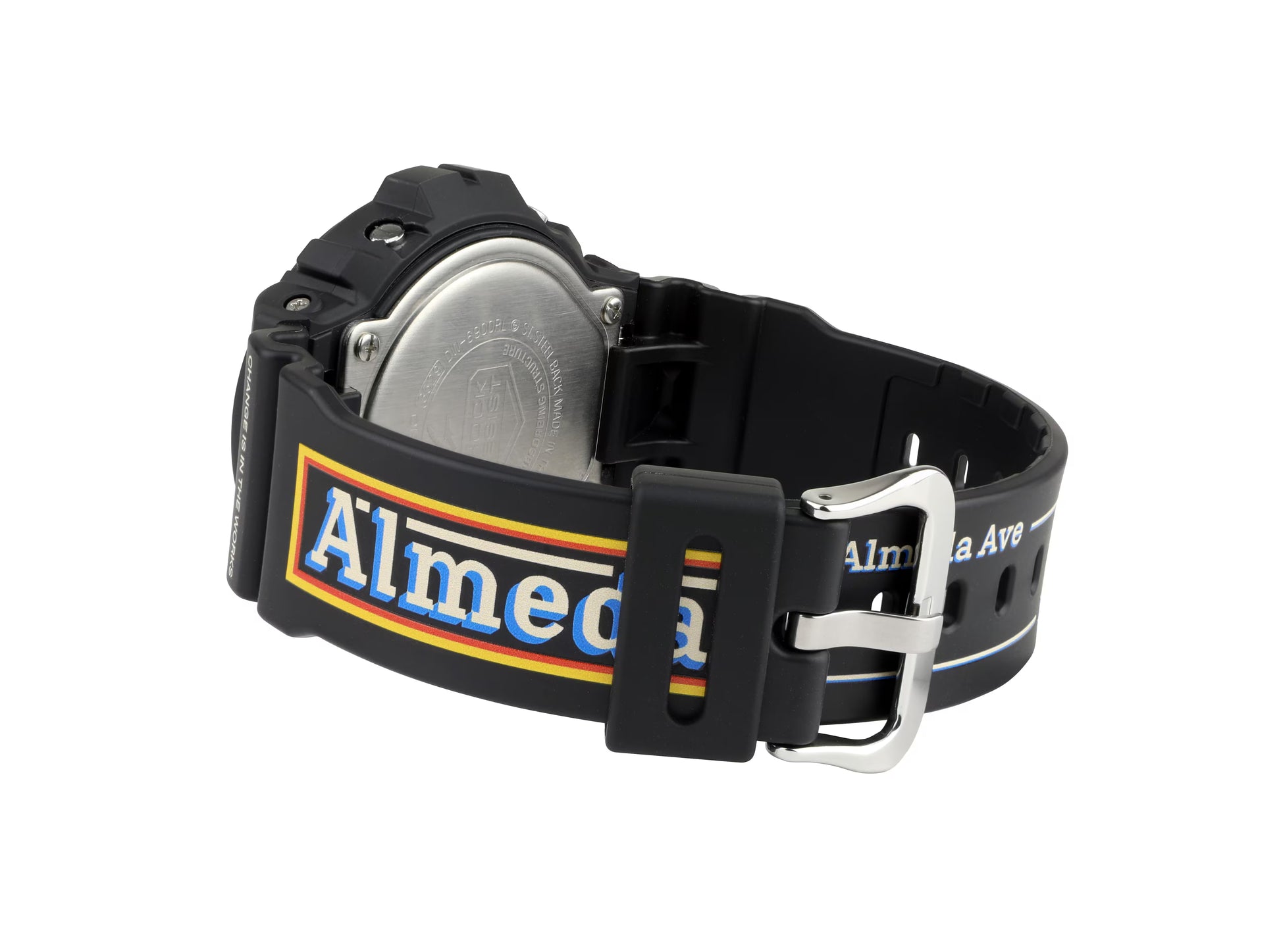 Black watch with a colorful 'Almeda' strap on a white background