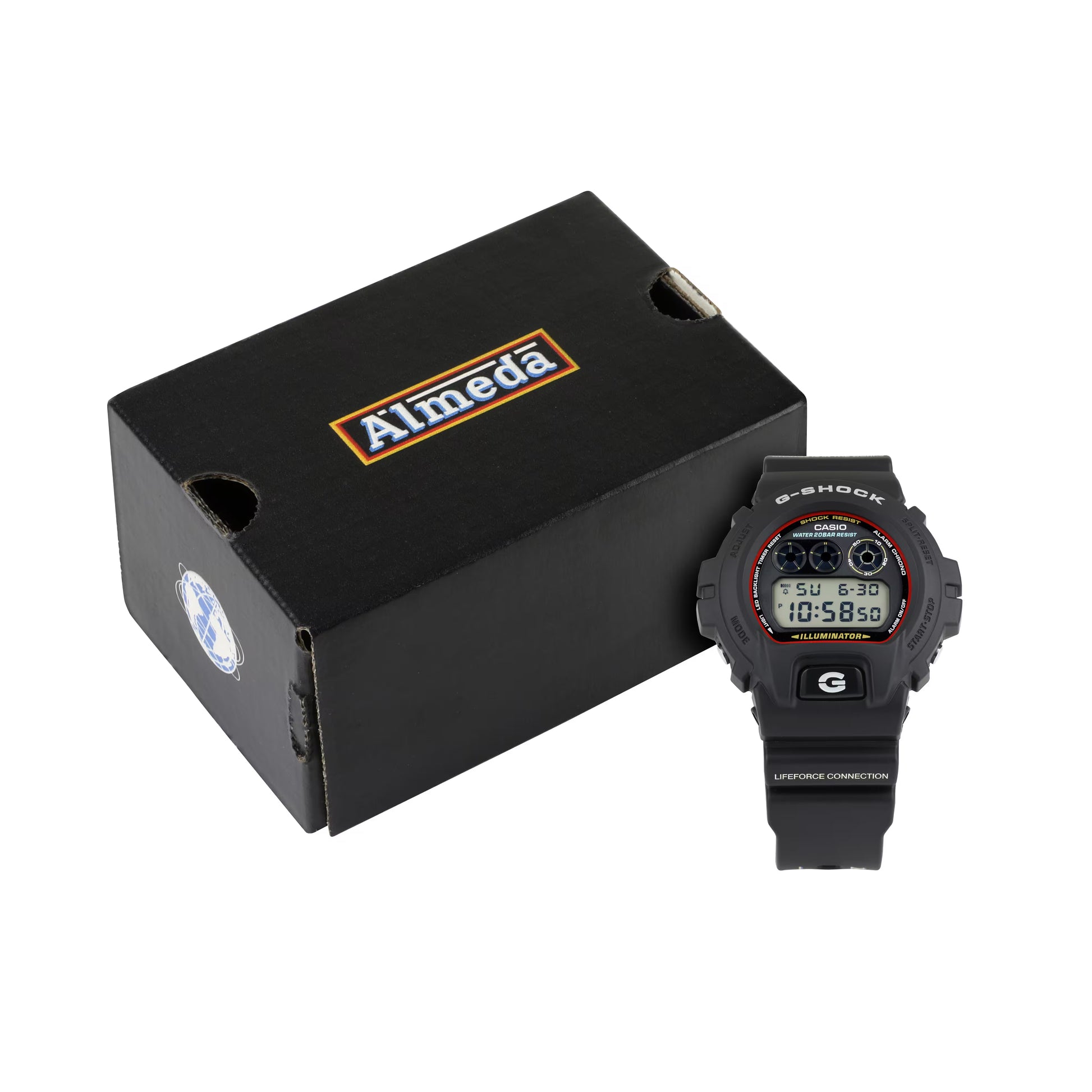 Digital watch with black strap next to a black box labeled 'Almedia' on a white background