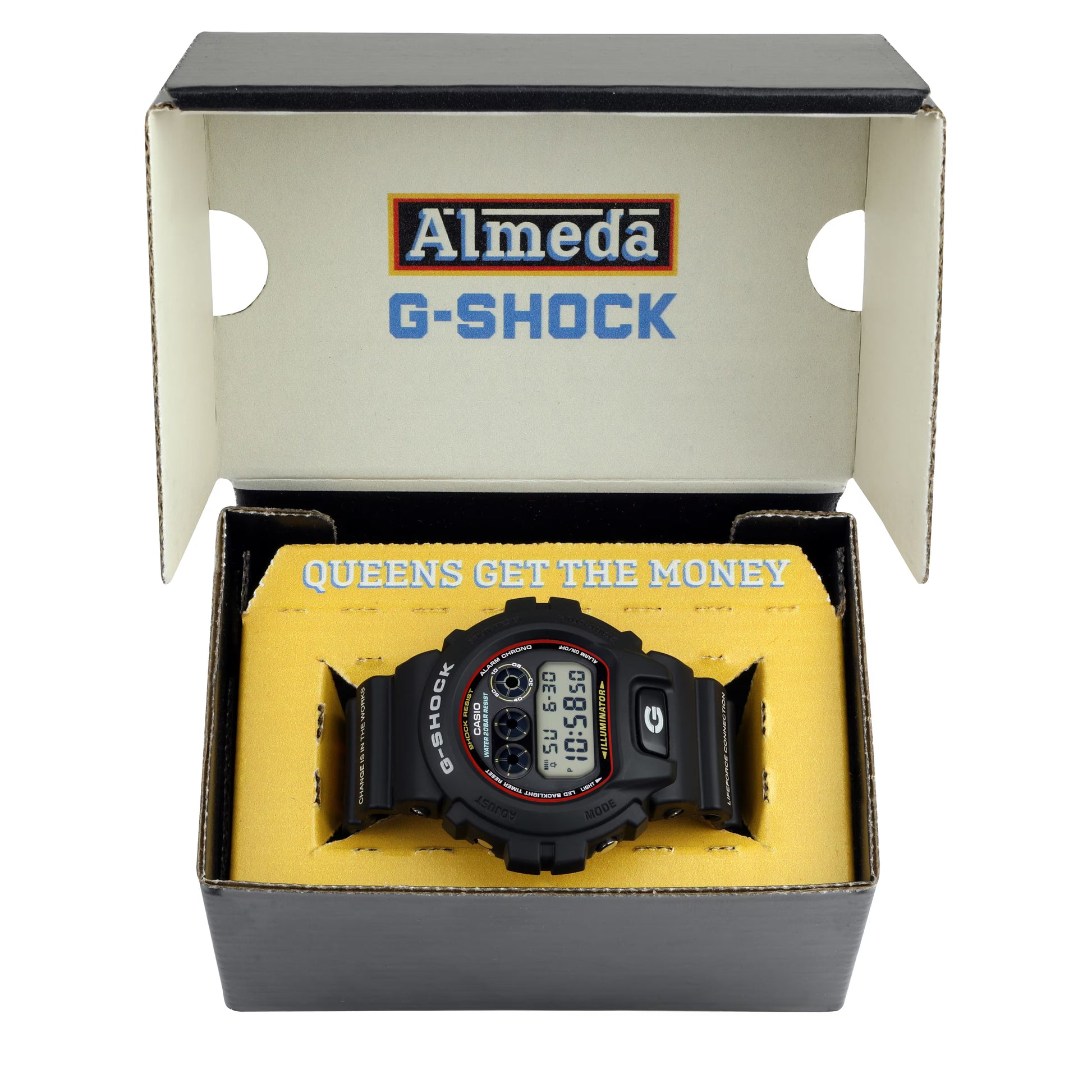 G-Shock watch in a branded box with 'Almeda' and 'G-SHOCK' logos.