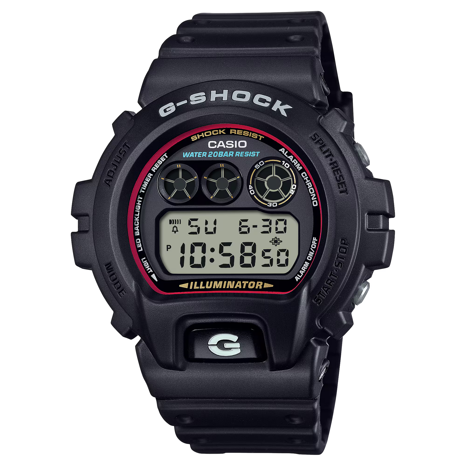 Casio G-SHOCK DW6900RL-1 – classic black watch with red, blue, and yellow heritage accents, bio-based resin case and band, 200m water resistance, Super Illuminator LED backlight, and 5-year battery life.