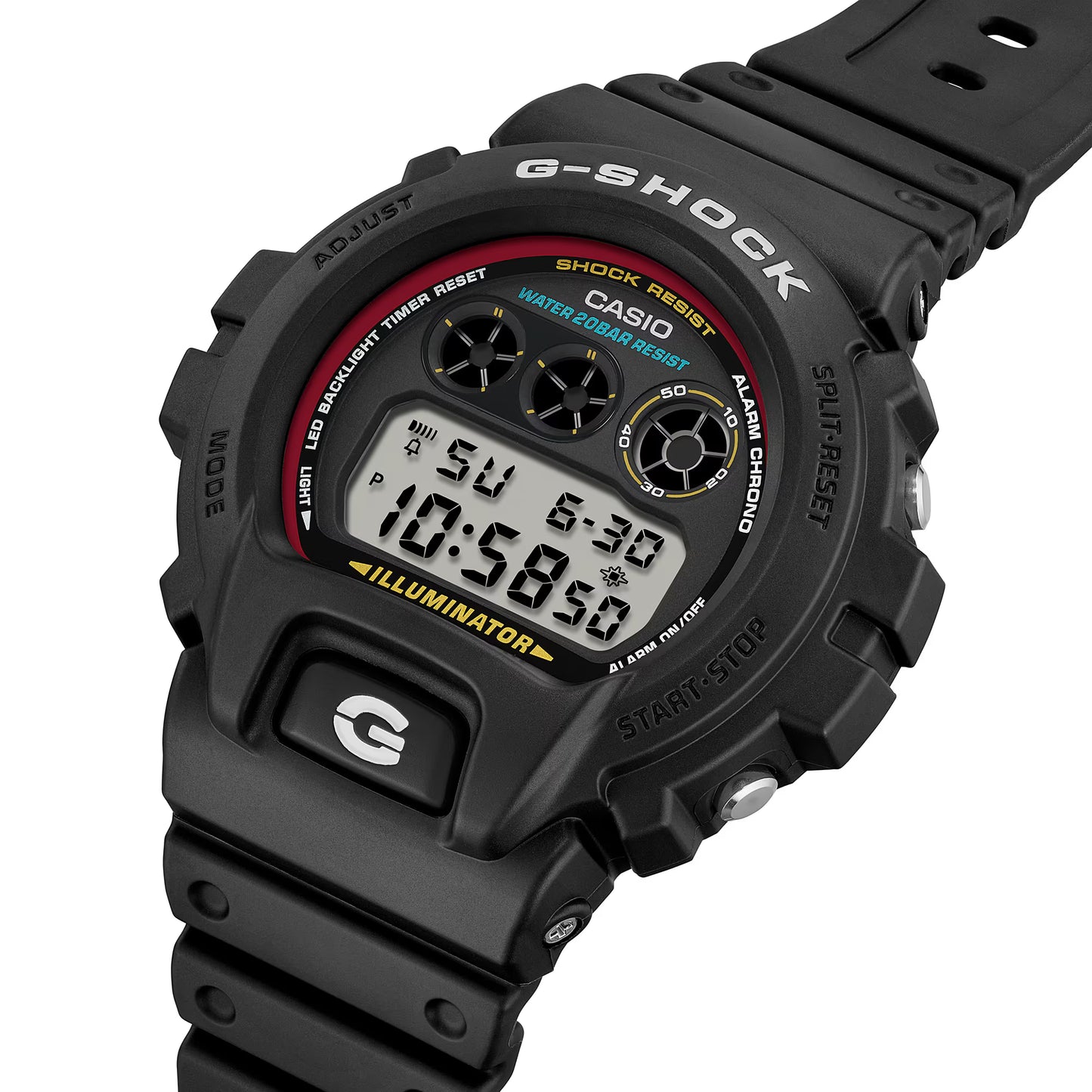 Black Casio G-Shock digital watch on a white background