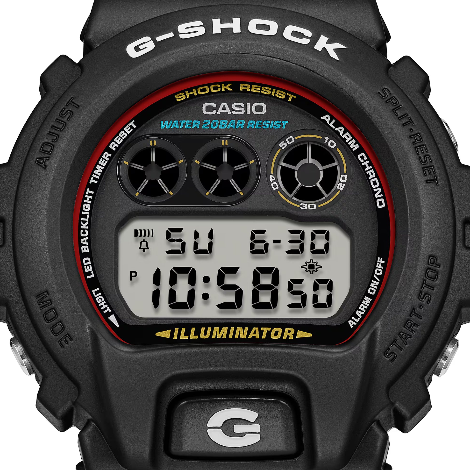 Casio G-Shock digital watch with black casing and red accents on a white background