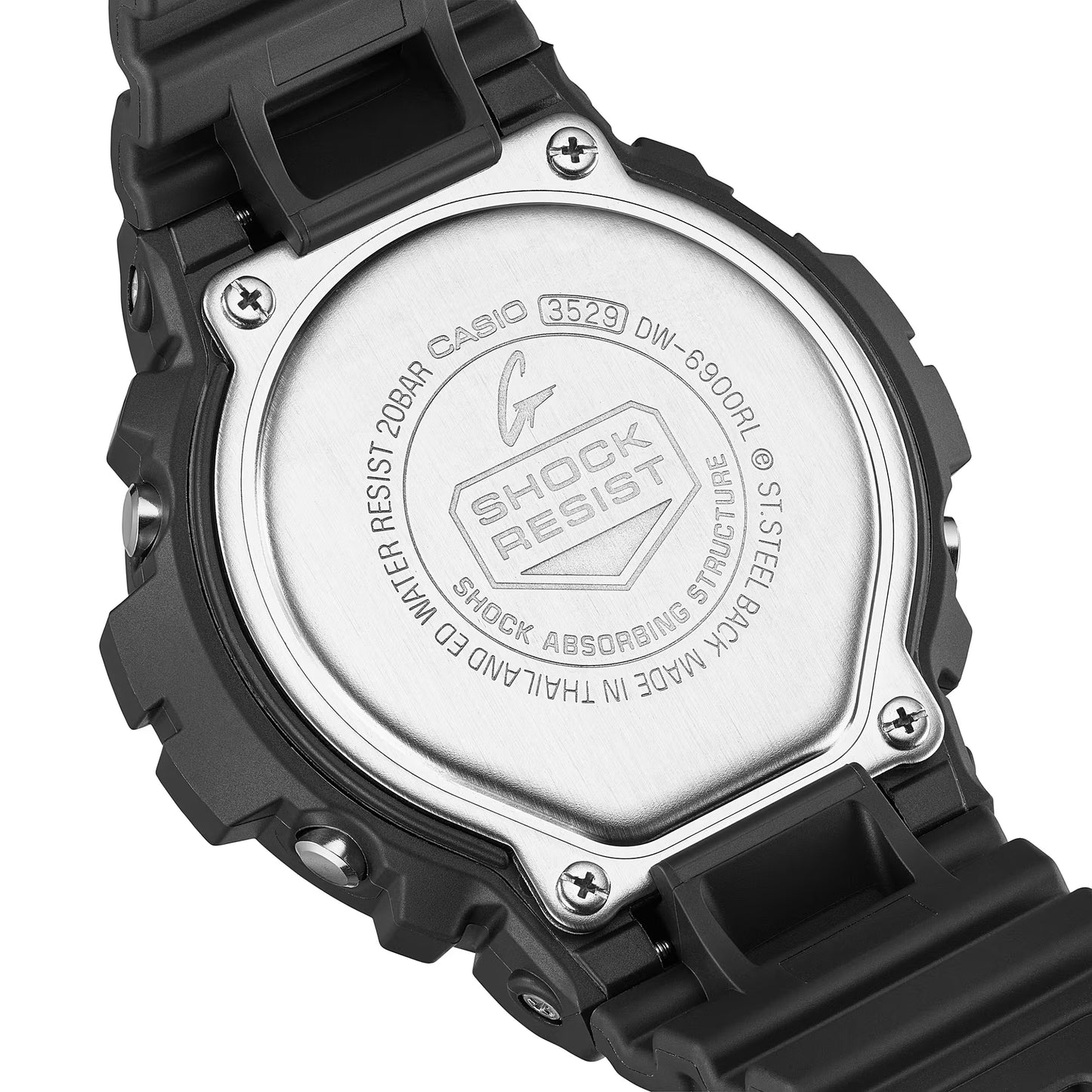Back view of a Casio G-Shock watch with 'Shock Resistant' text on a white background