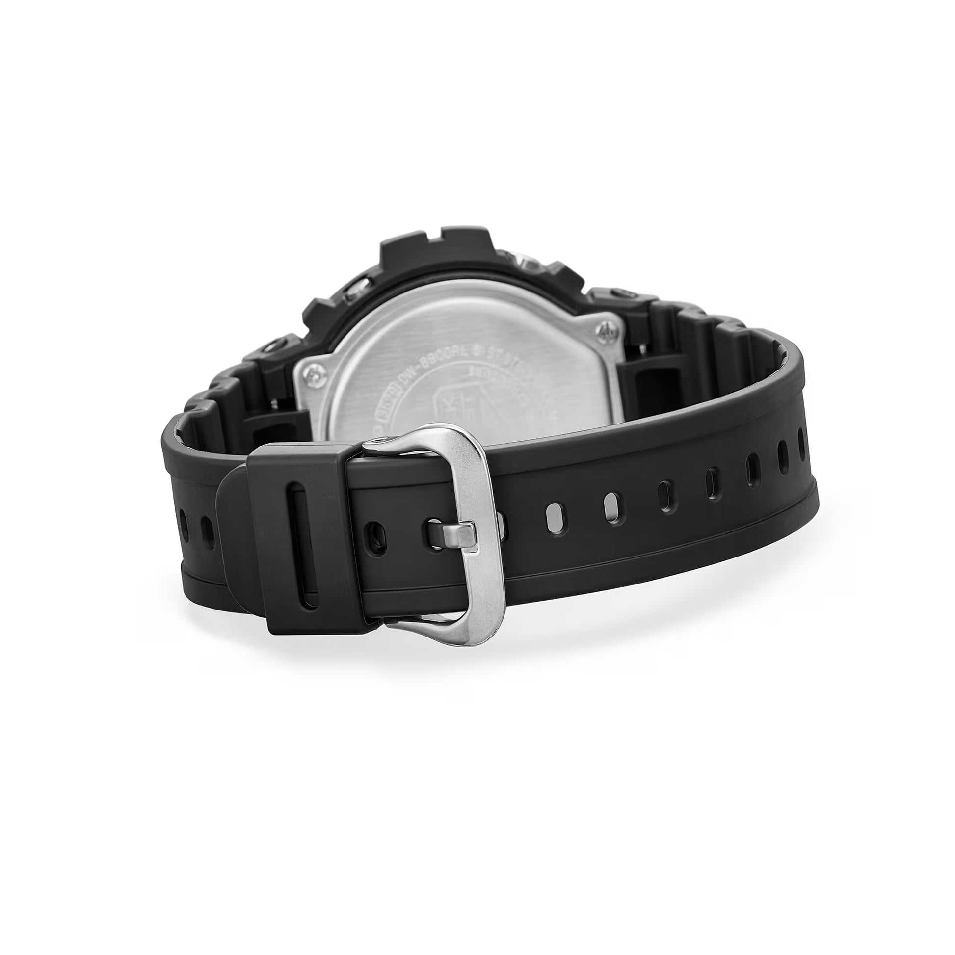 Black Casio watch with a silver buckle on a white background