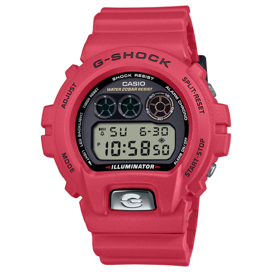Casio G-SHOCK DW6900TR-4 – 30th Anniversary Limited Edition in bold red with metal front button, engraved case back with 30 stars, ‘SINCE 1995’ backlight message, bio-based resin build, 200m water resistance, and special anniversary packaging