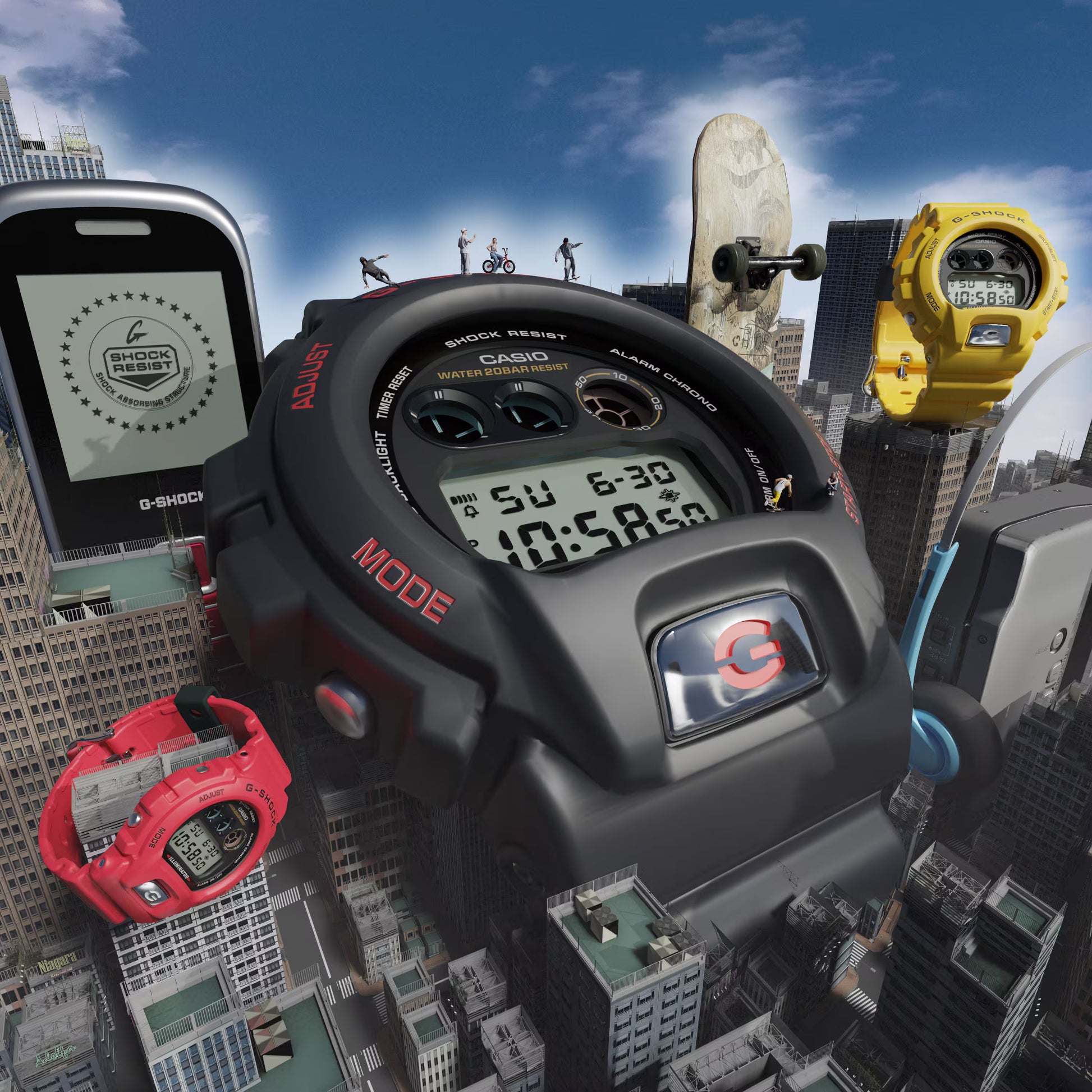 Casio digital watch with a cityscape background