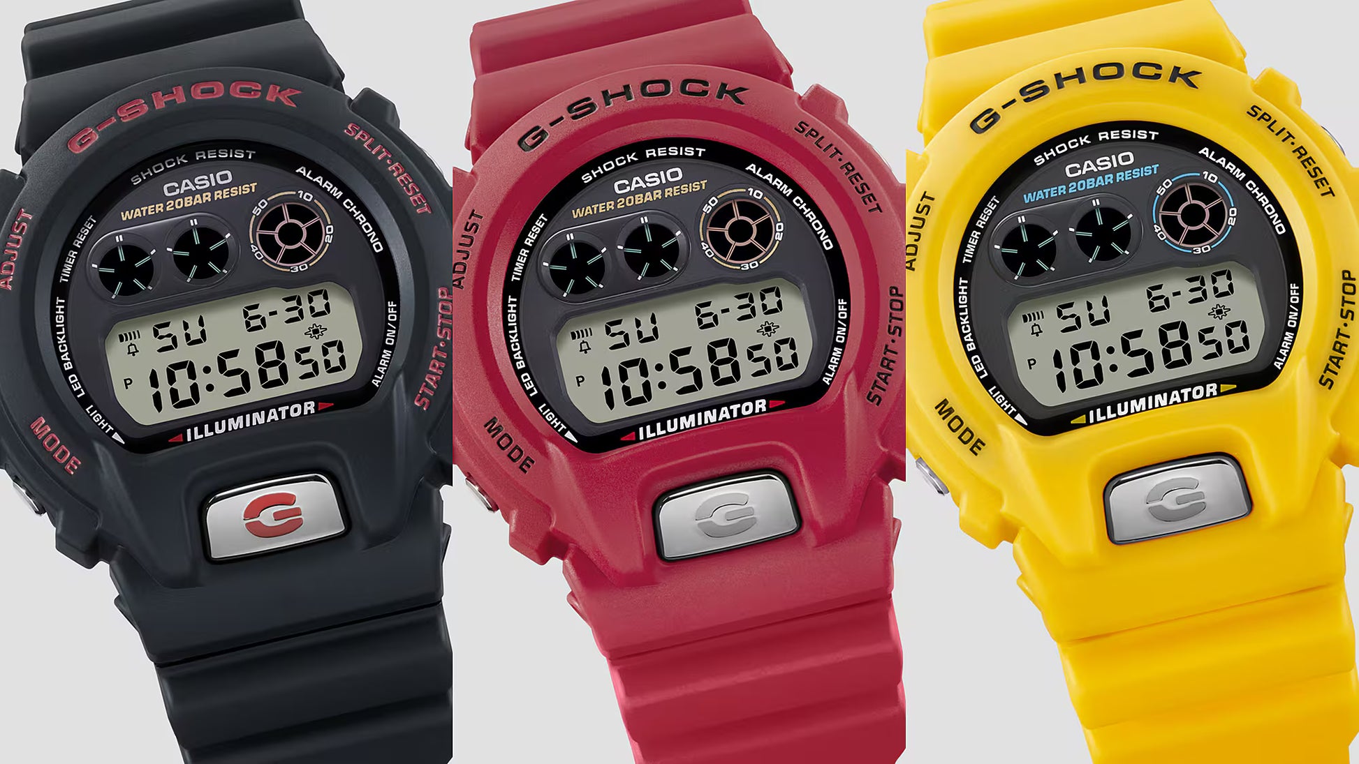 Three Casio G-Shock watches in black, red, and yellow on a light gray background.