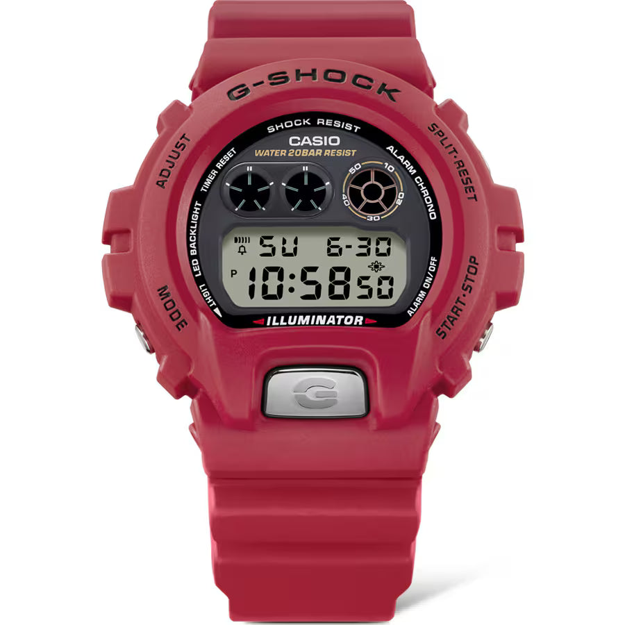 Red G-Shock digital watch on a white background