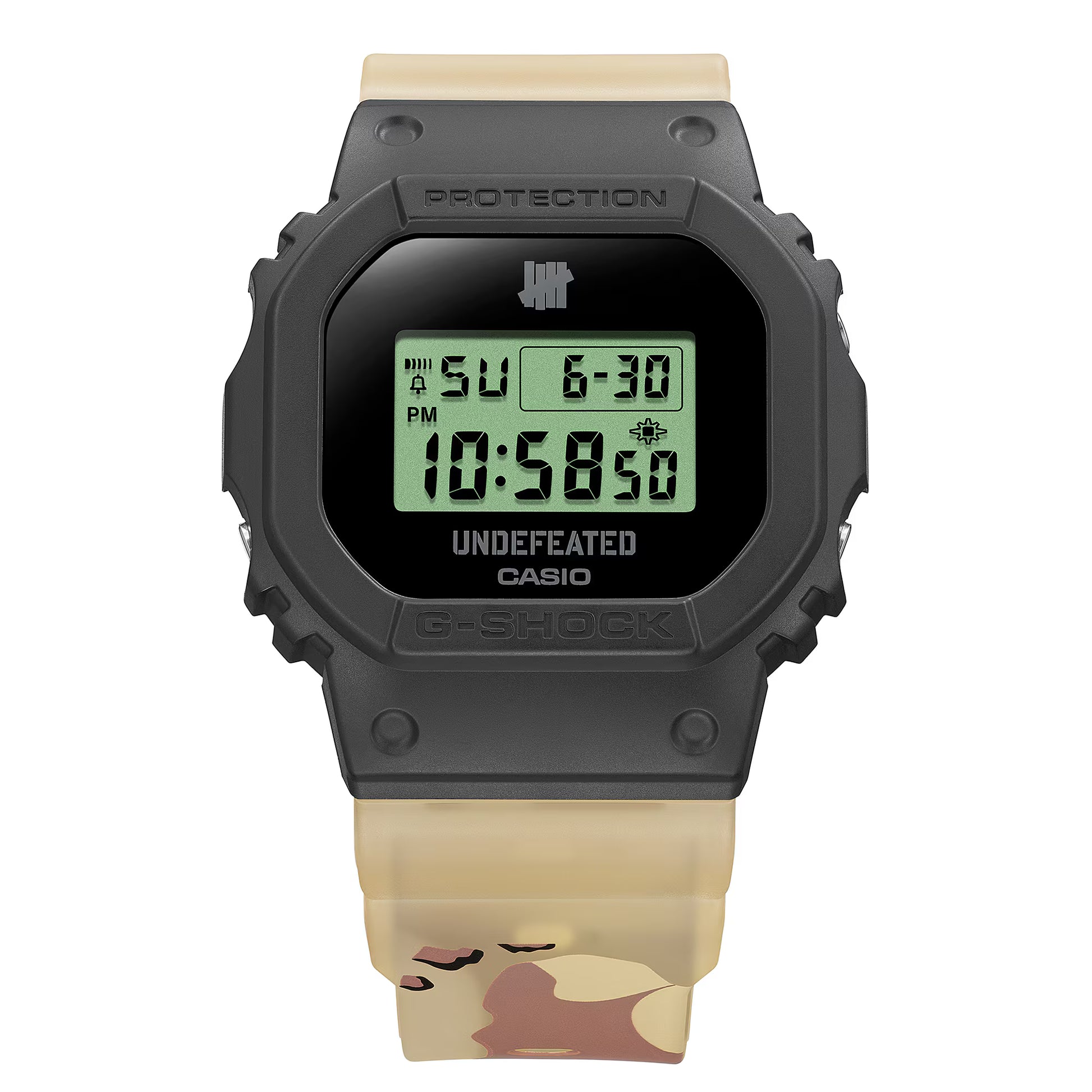 Digital watch with a black case and beige strap on a white background