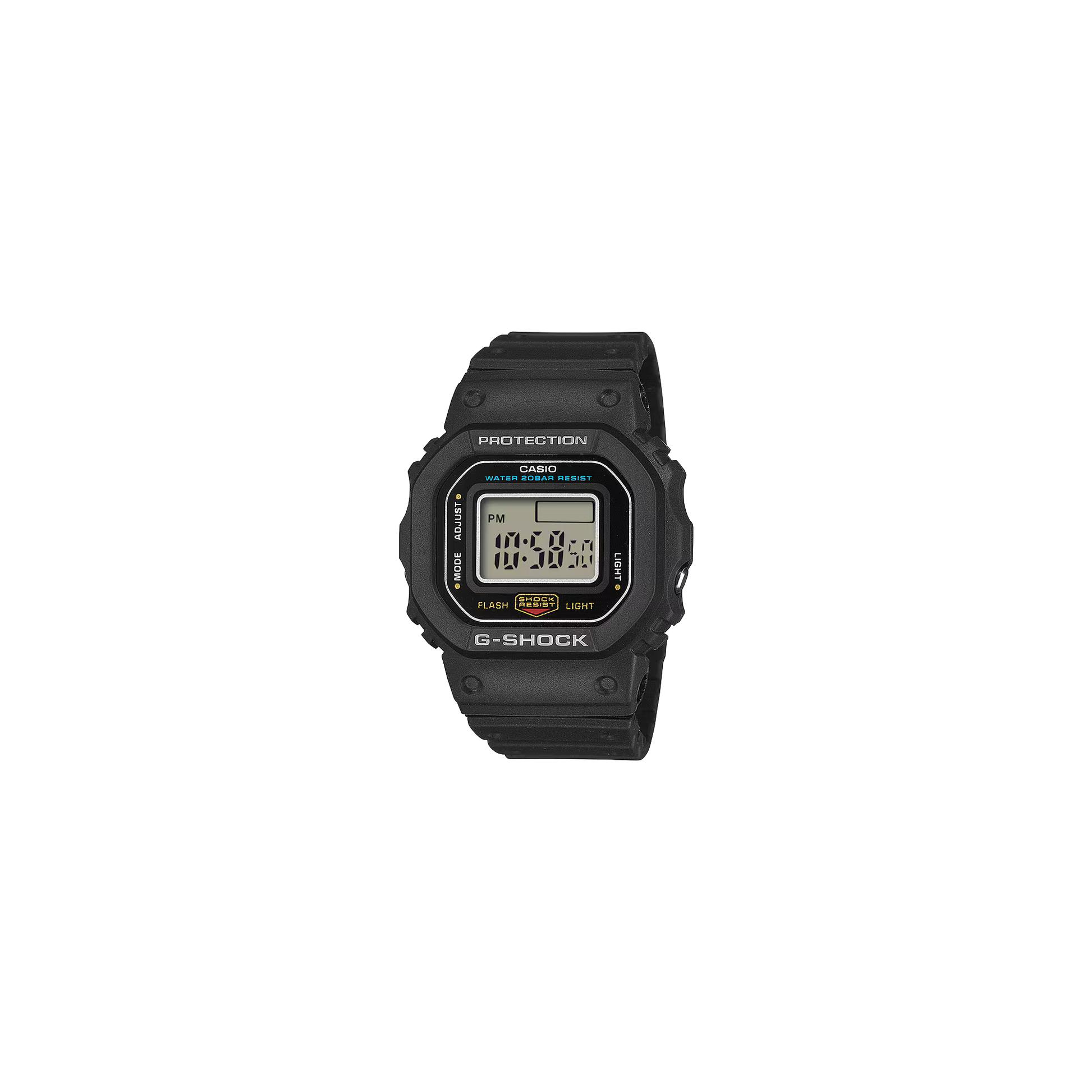 Casio G-SHOCK Nano DWN5600-1 miniature watch. A 1/10-scale version of the iconic DW-5600 with 23.4 × 20 × 7.5 mm bio-based resin case and band, weighing only 6 g. Features LED backlight, dual time, stopwatch, and auto-calendar. Shock resistant and 200-meter water resistant. Includes special display stand and 2-year SR621SW battery. Eco-friendly, fully functional collector’s mini G-SHOCK.