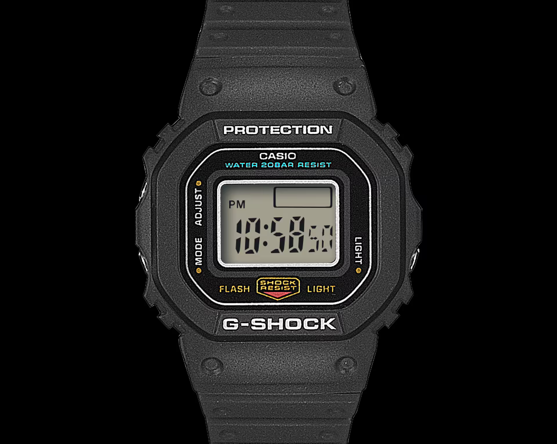 Black Casio G-Shock digital watch on a white background