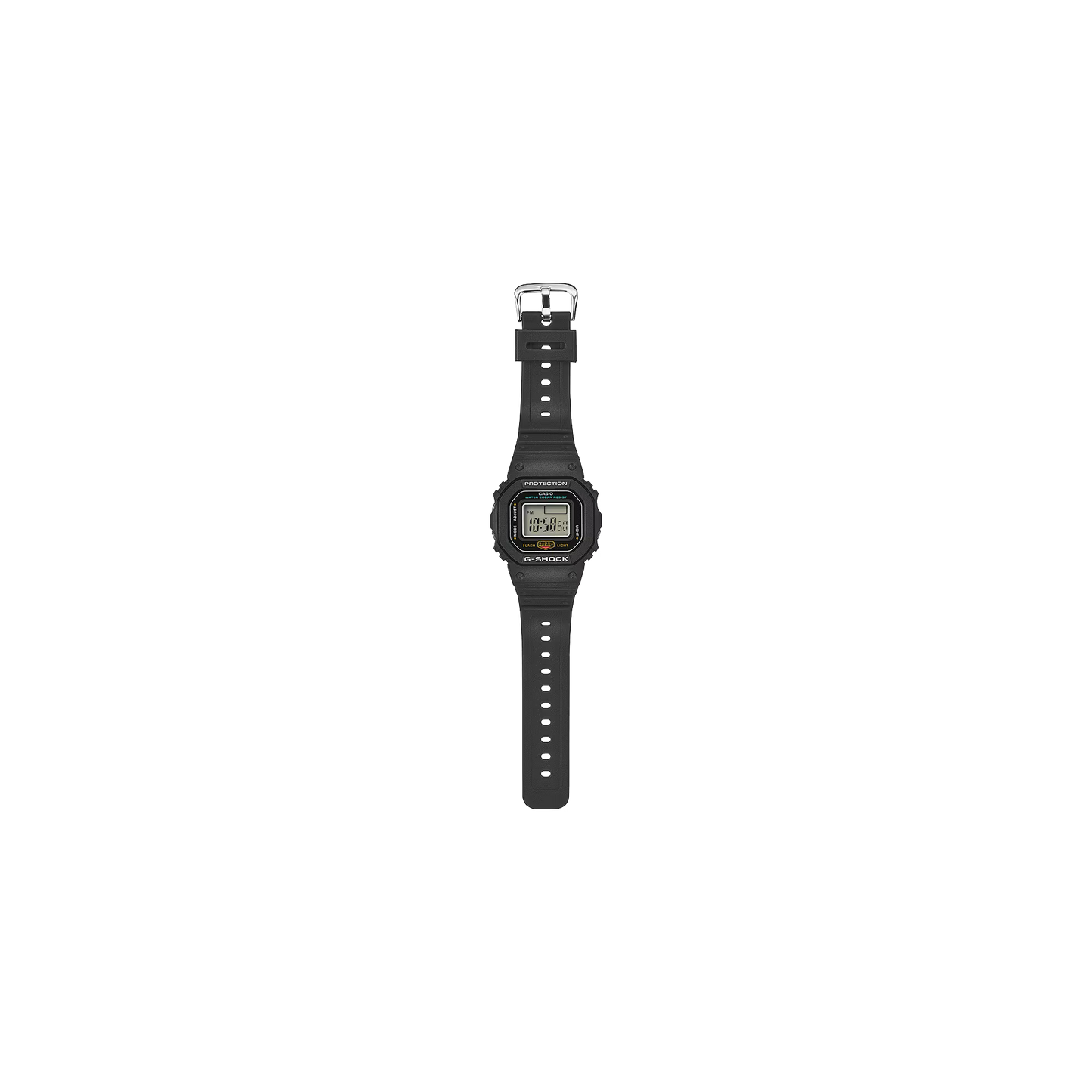 Black digital watch with a strap on a white background