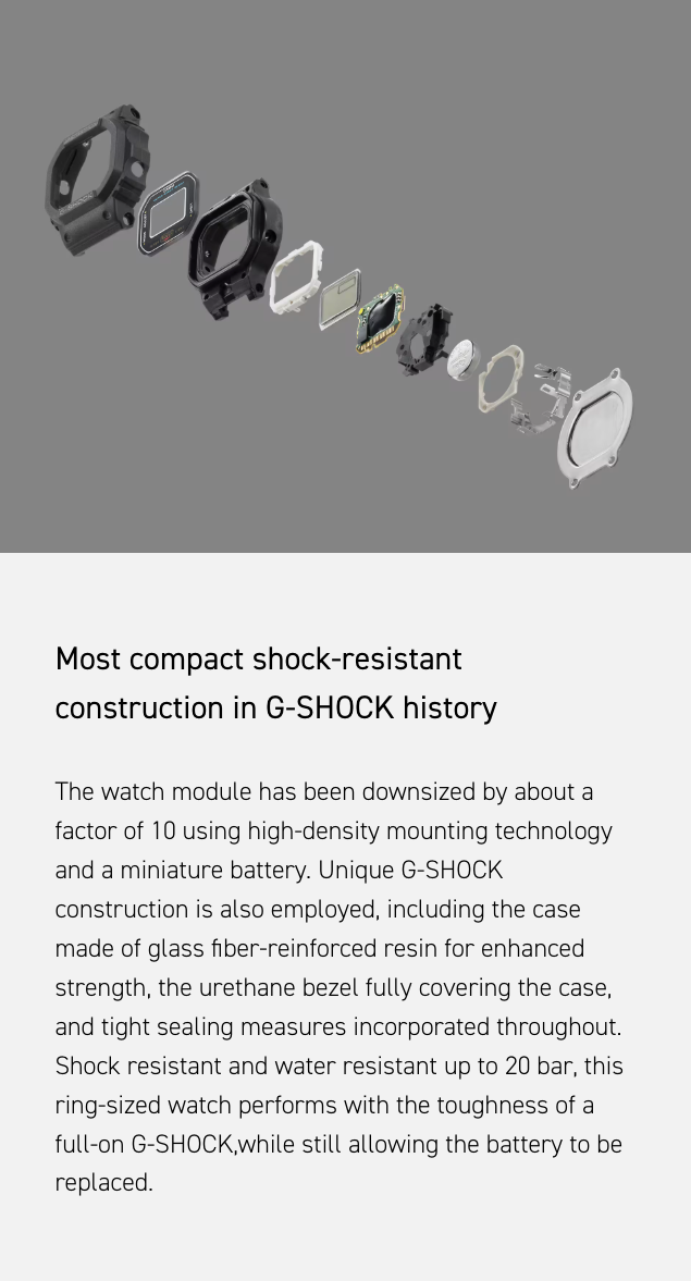 G-SHOCK watch module components on a gray background with text about shock-resistance.