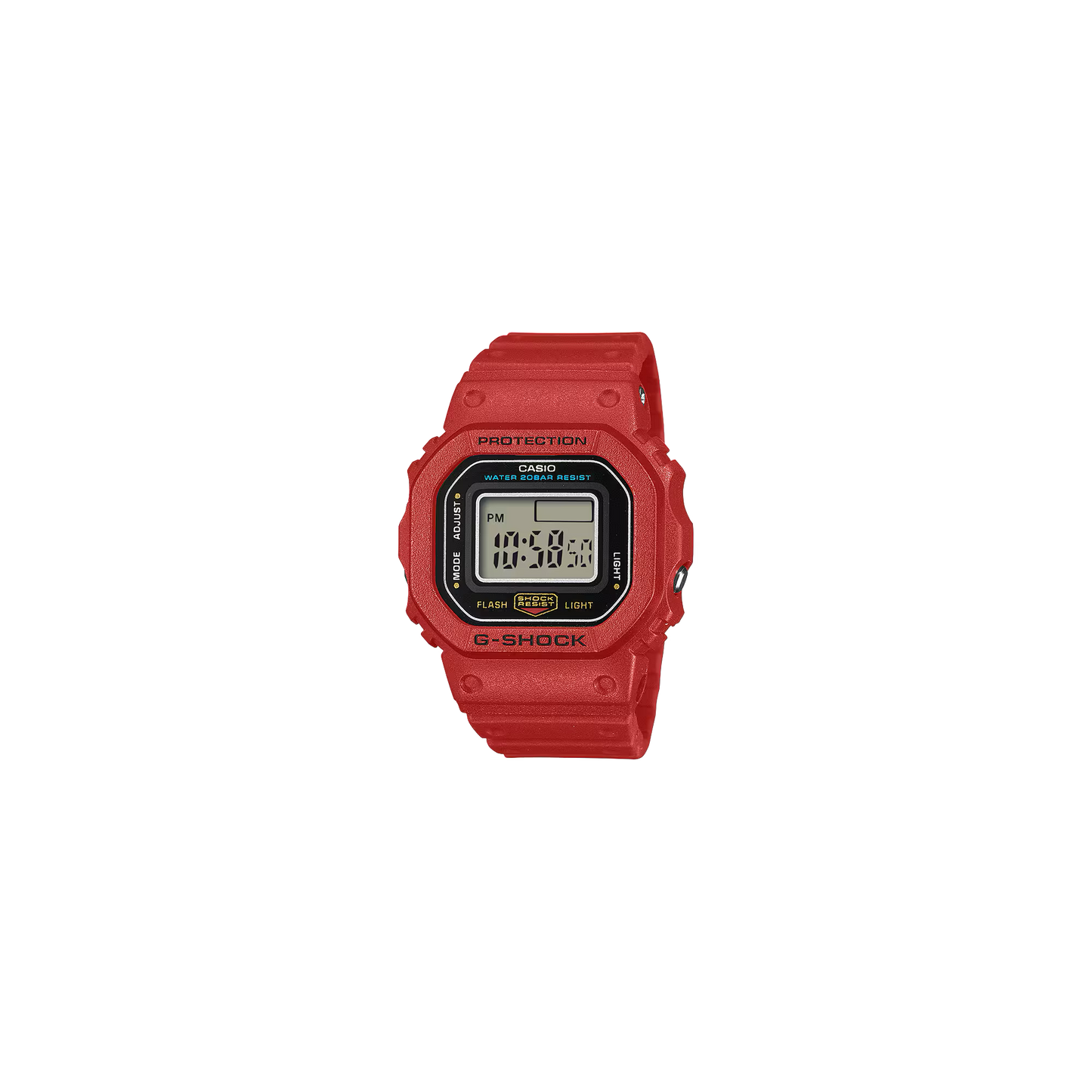 Casio G-SHOCK Nano DWN5600-4 miniature watch. 1/10-scale red version of the DW-5600 made from sustainable bio-based resin. Features 23.4 × 20 × 7.5 mm case, 6 g weight, LED backlight with time flash, dual time, stopwatch, and auto-calendar. Shock resistant and 200-meter water resistant. Includes special silicone display stand and approx. 2-year SR621SW battery