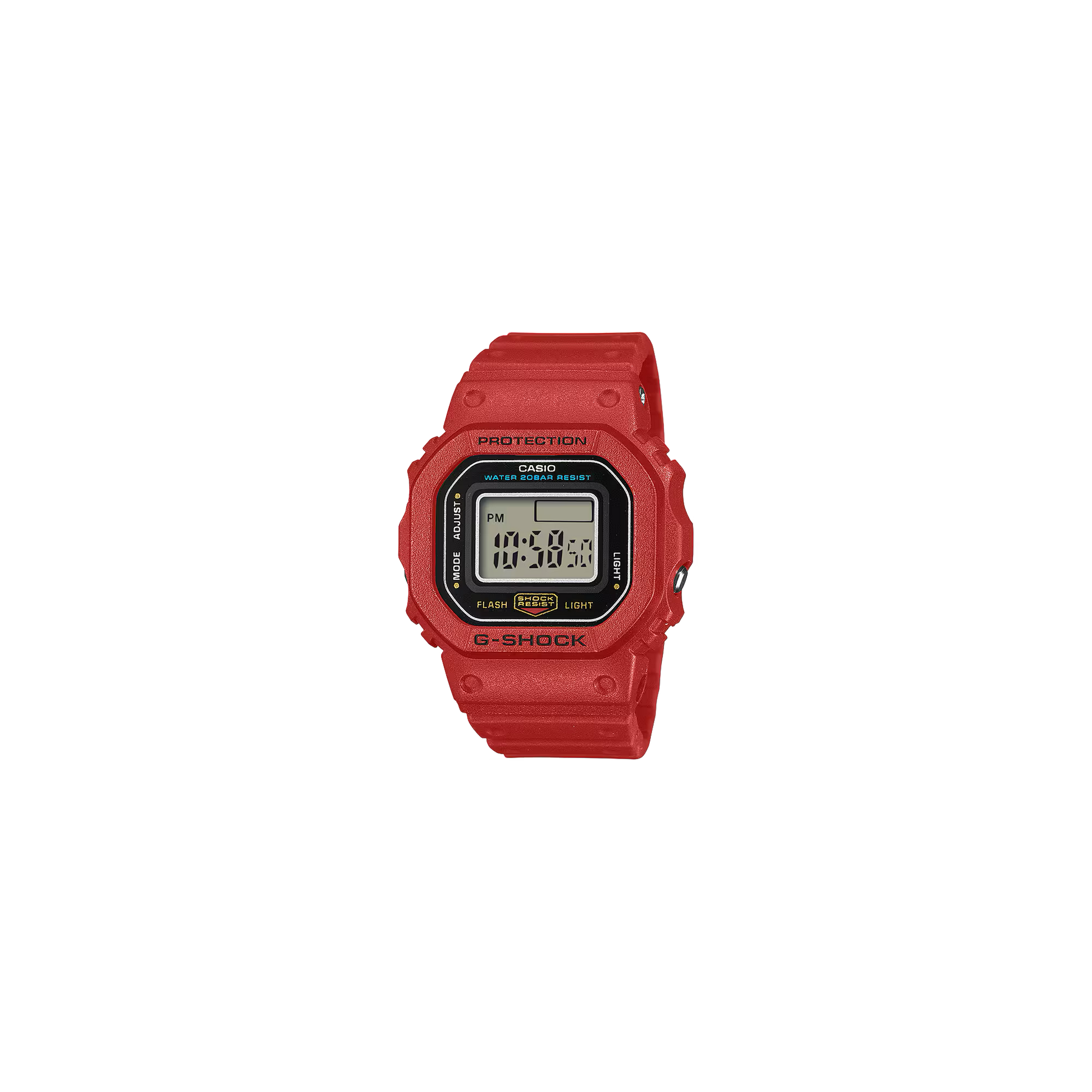 Casio G-SHOCK Nano DWN5600-4 miniature watch. 1/10-scale red version of the DW-5600 made from sustainable bio-based resin. Features 23.4 × 20 × 7.5 mm case, 6 g weight, LED backlight with time flash, dual time, stopwatch, and auto-calendar. Shock resistant and 200-meter water resistant. Includes special silicone display stand and approx. 2-year SR621SW battery