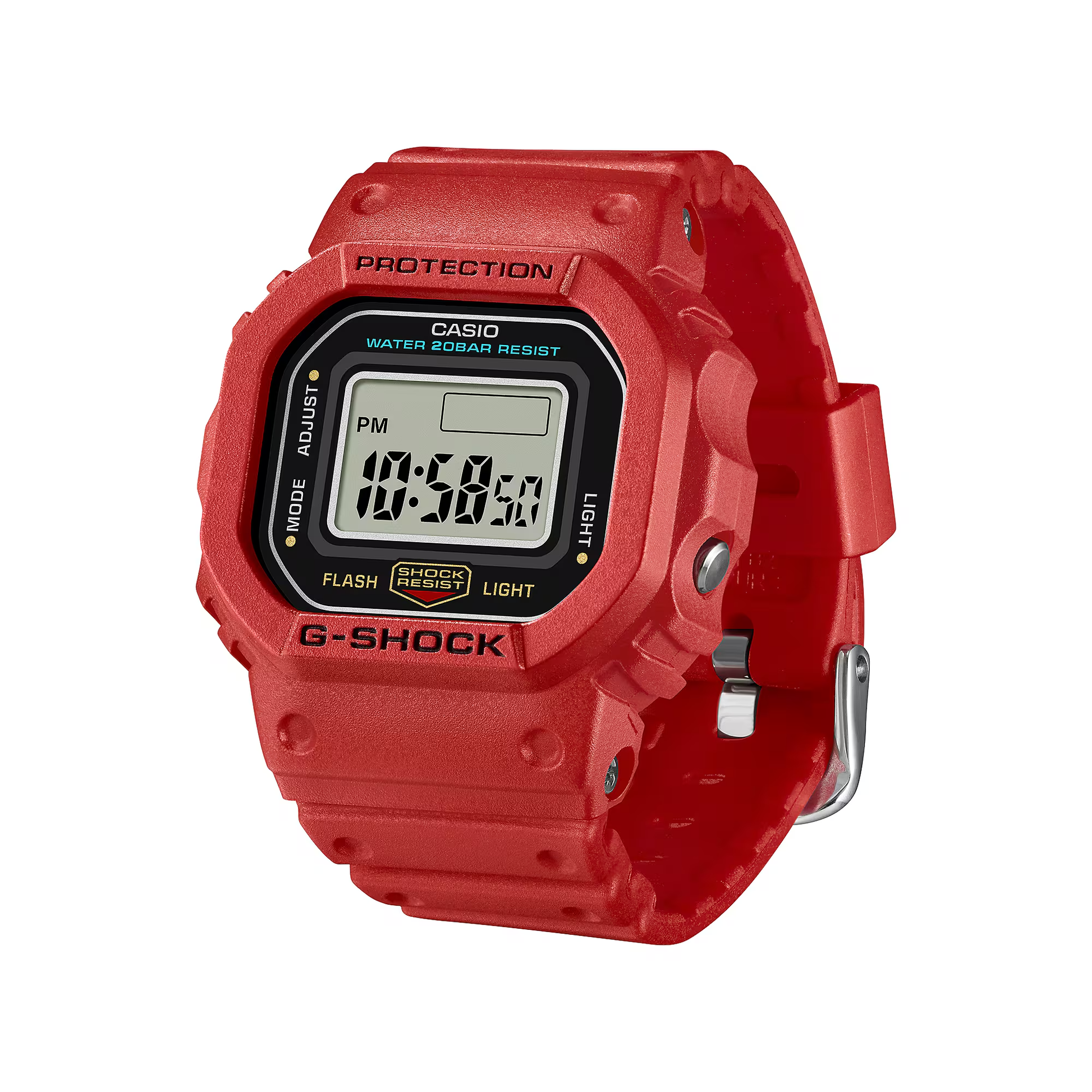 Casio G-SHOCK Nano DWN5600-4 miniature watch. 1/10-scale red version of the DW-5600 made from sustainable bio-based resin. Features 23.4 × 20 × 7.5 mm case, 6 g weight, LED backlight with time flash, dual time, stopwatch, and auto-calendar. Shock resistant and 200-meter water resistant. Includes special silicone display stand and approx. 2-year SR621SW battery