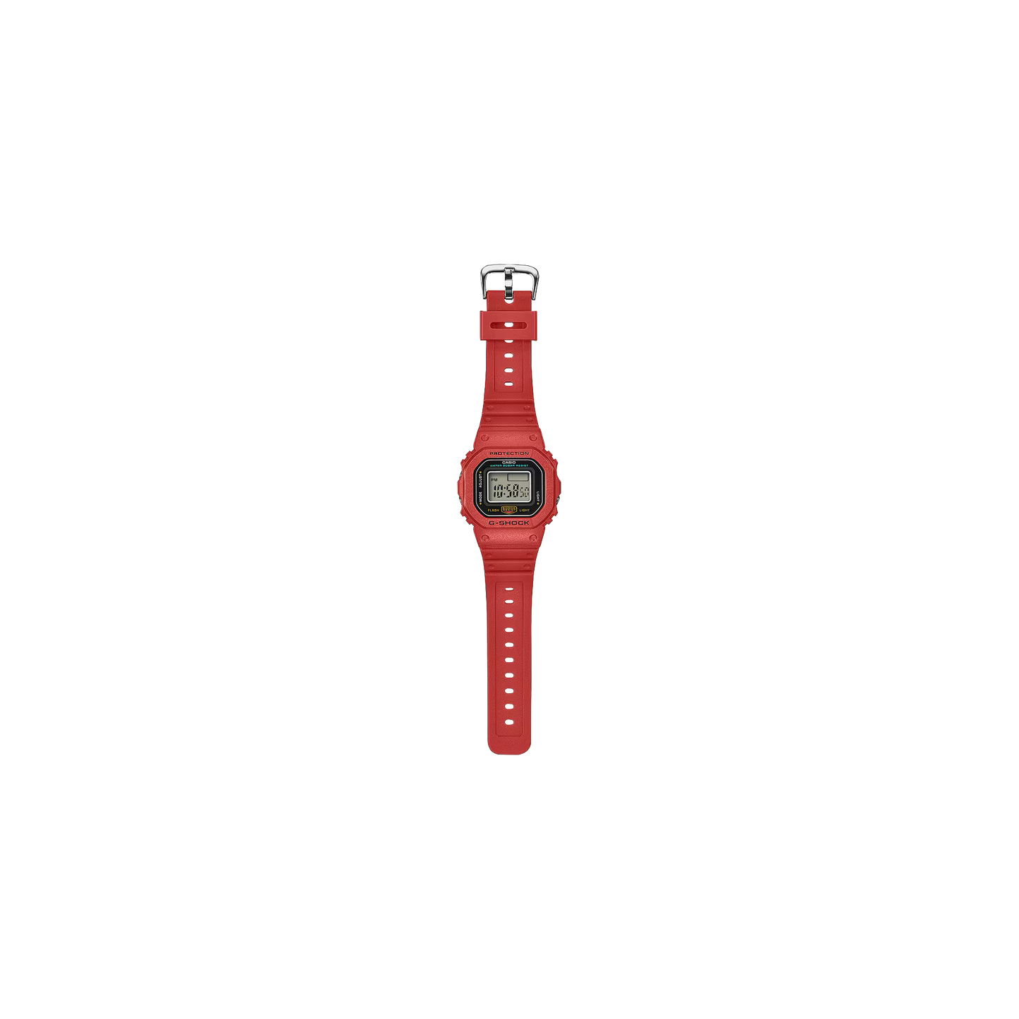 Casio G-SHOCK Nano DWN5600-4 miniature watch. 1/10-scale red version of the DW-5600 made from sustainable bio-based resin. Features 23.4 × 20 × 7.5 mm case, 6 g weight, LED backlight with time flash, dual time, stopwatch, and auto-calendar. Shock resistant and 200-meter water resistant. Includes special silicone display stand and approx. 2-year SR621SW battery