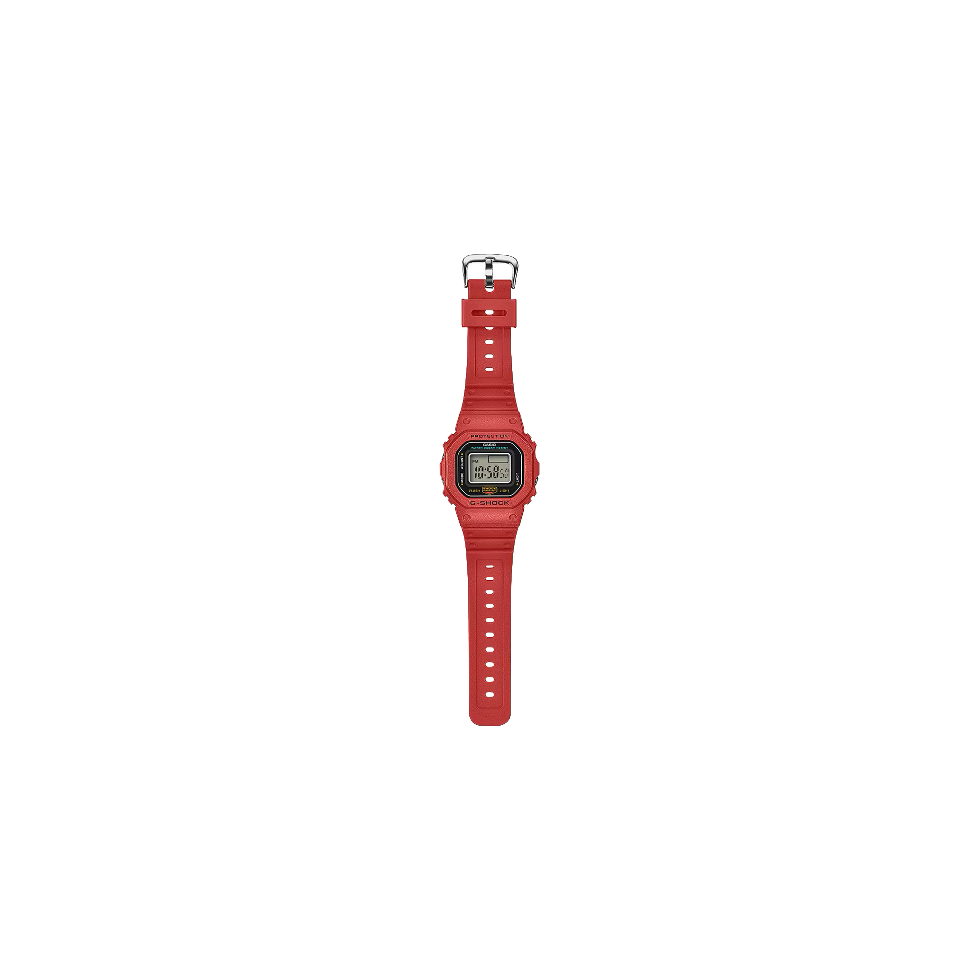 Casio G-SHOCK Nano DWN5600-4 miniature watch. 1/10-scale red version of the DW-5600 made from sustainable bio-based resin. Features 23.4 × 20 × 7.5 mm case, 6 g weight, LED backlight with time flash, dual time, stopwatch, and auto-calendar. Shock resistant and 200-meter water resistant. Includes special silicone display stand and approx. 2-year SR621SW battery