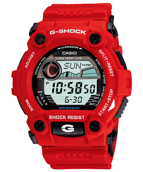 G-SHOCK G-7900A-4 digital watch with a bold red resin case, oversized buttons, tide graph and moon data display, low-temperature resistance, and rugged 7900 Series design for outdoor and marine use