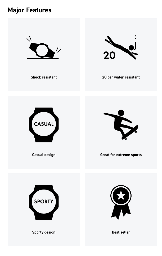 Set of icons and text describing features of a product on a white background