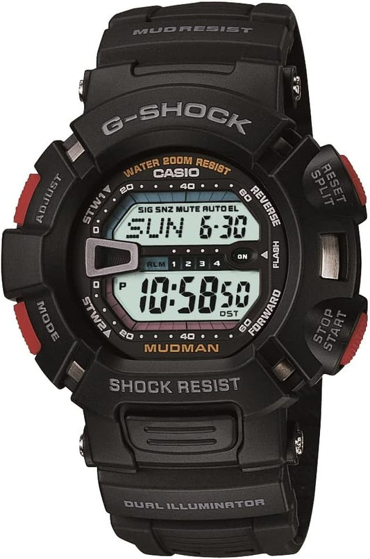 Casio G-SHOCK MASTER OF G – LAND MUDMAN G9000-1V digital watch with mud-resistant and shock-resistant construction, low-temperature resistance to −20°C, dual illuminator, dual stopwatch, and 200-meter water resistance, designed for off-road and extreme outdoor use.