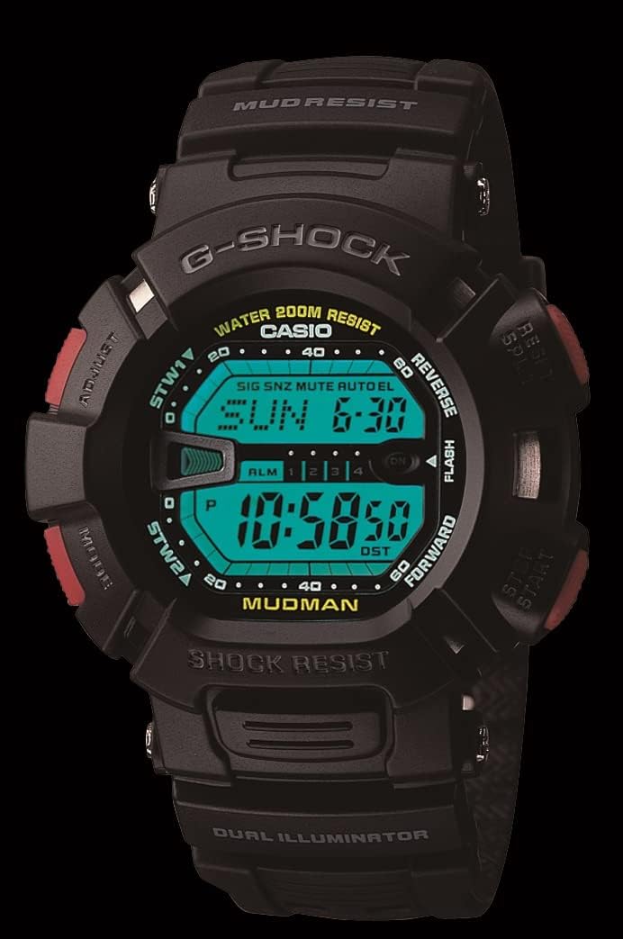 Casio G-SHOCK MASTER OF G – LAND MUDMAN G9000-1V digital watch with mud-resistant and shock-resistant construction, low-temperature resistance to −20°C, dual illuminator, dual stopwatch, and 200-meter water resistance, designed for off-road and extreme outdoor use.