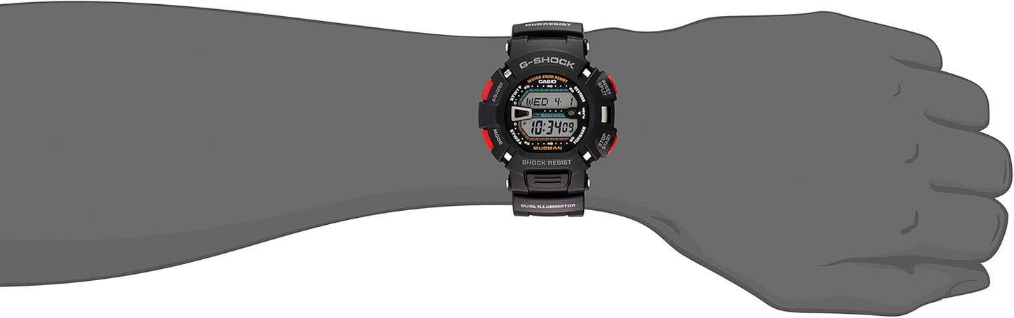 Casio G-SHOCK MASTER OF G – LAND MUDMAN G9000-1V digital watch with mud-resistant and shock-resistant construction, low-temperature resistance to −20°C, dual illuminator, dual stopwatch, and 200-meter water resistance, designed for off-road and extreme outdoor use.