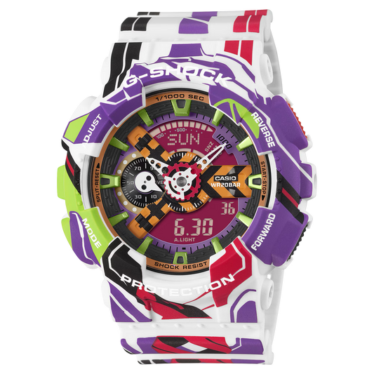 Colorful Casio watch with a white strap on a white background