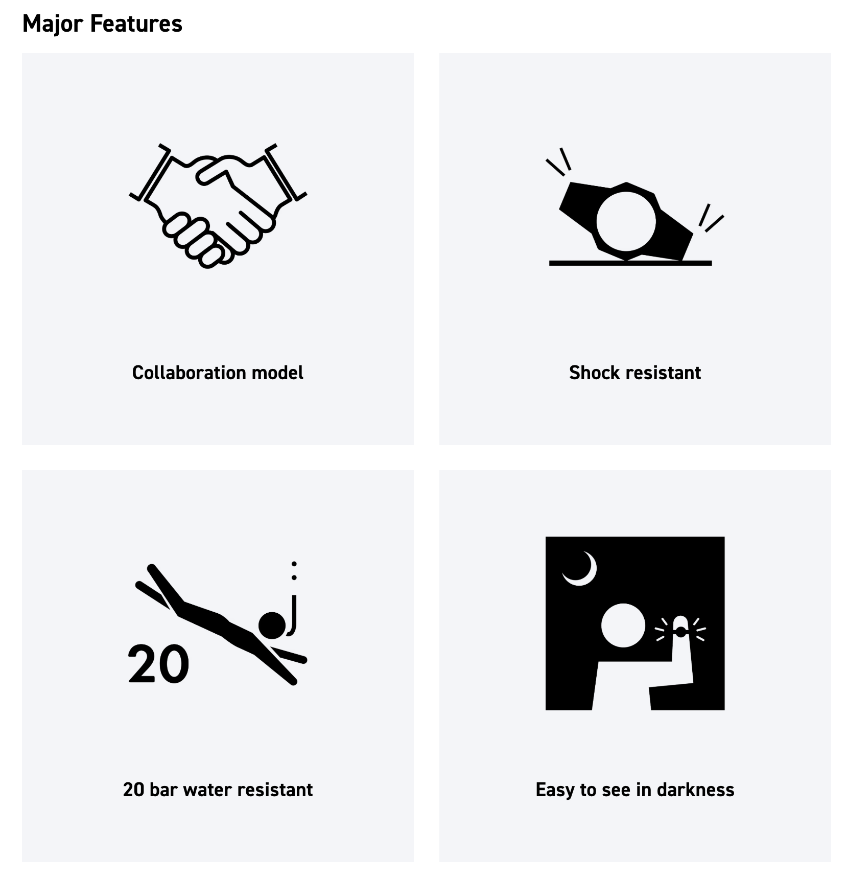 Set of icons and text describing features of a product on a white background