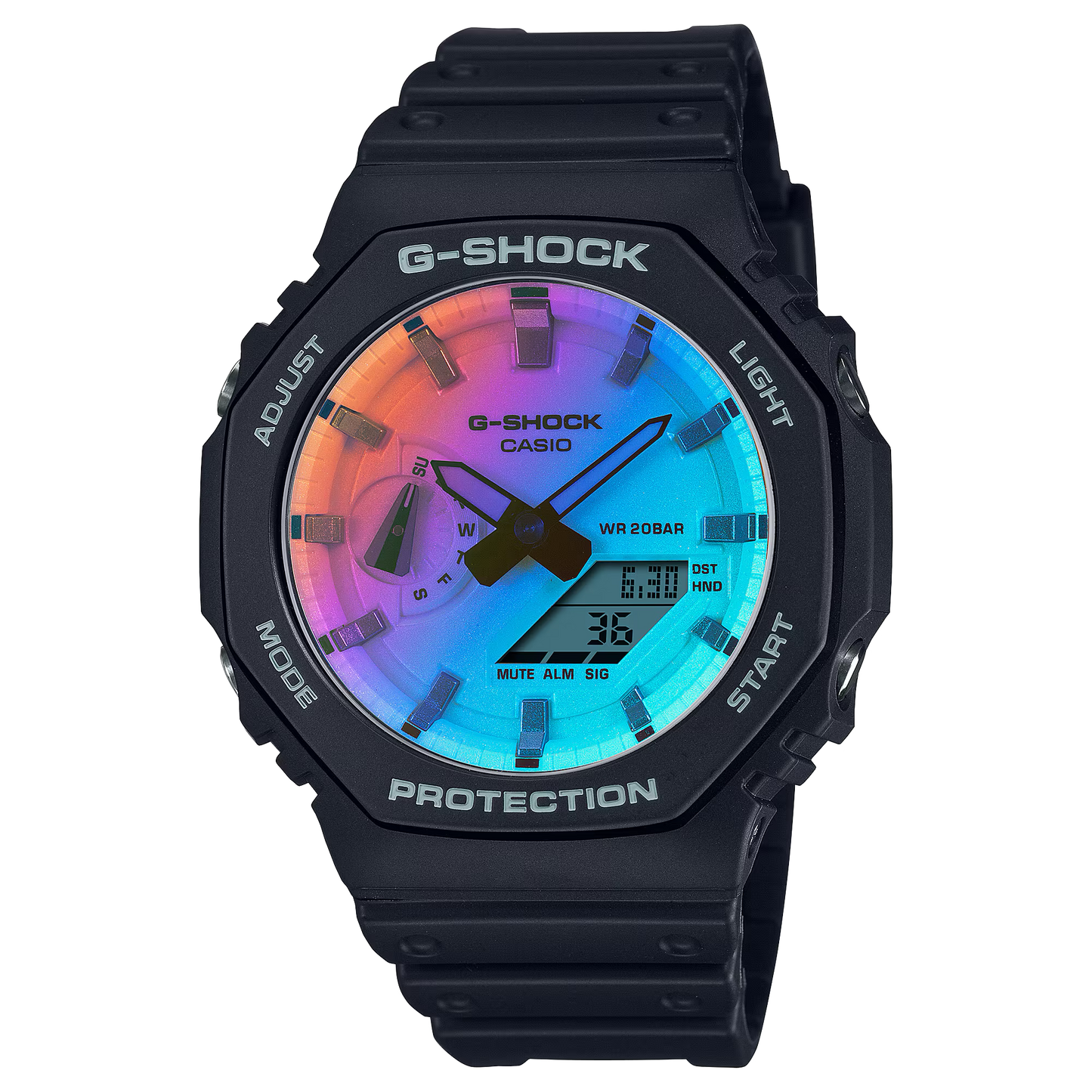 Casio G-SHOCK GA-2100SR-1A watch with octagonal Carbon Core Guard case, full-surface rainbow iridescent mineral glass crystal, black resin band, shock-resistant build, 200m water resistance, double LED Super Illuminator, and lightweight 51 g design.
